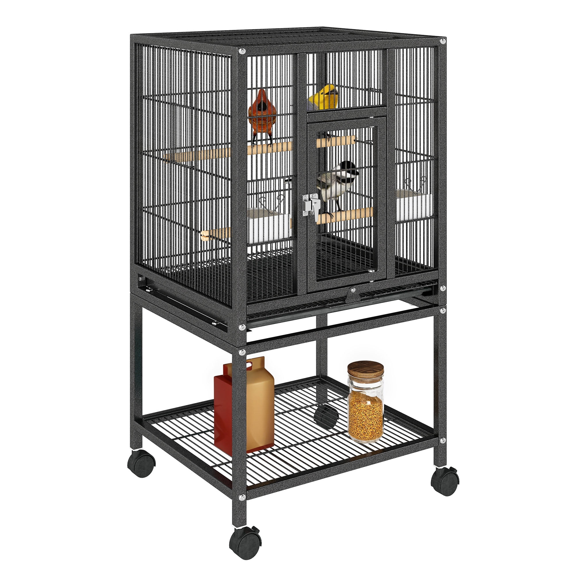 Uforic 41" Metal Birdcage with Rolling Stand and Castor Wheels, Large Parrot Cage with 2 Perches and 2 Feeders, Spacious Storage Tray, Black - Image 2