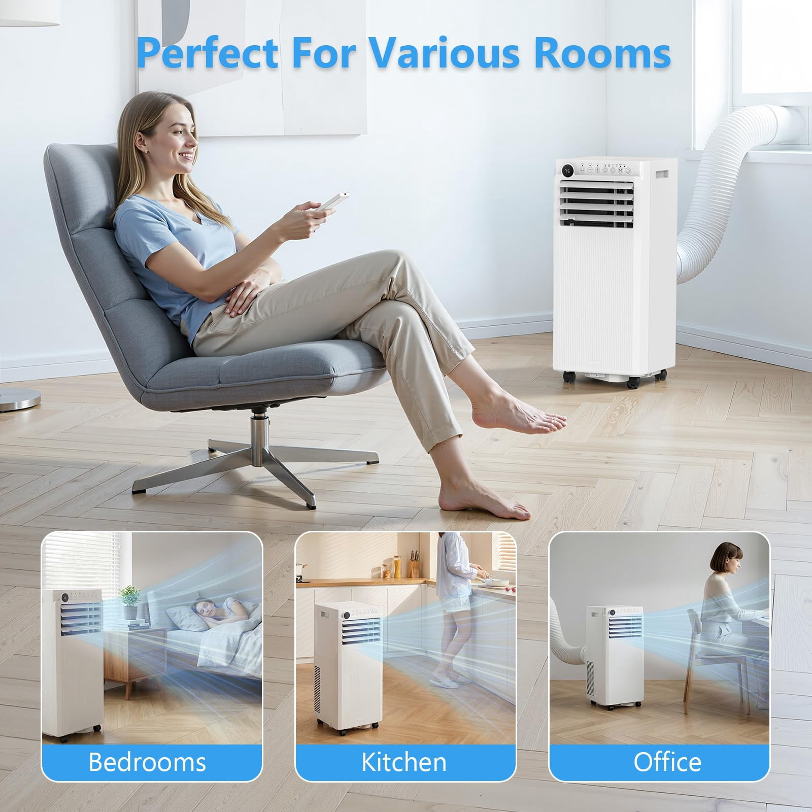 KISSAIR 10,000 BTU Portable Air Conditioner - Ultra Quiet 3-in-1 AC Unit with Dehumidifier & Fan, Cools Rooms Up to 450 Sq.Ft Fast, Includes Remote Control & 24H Timer, Easy Install(White ) - Image 5