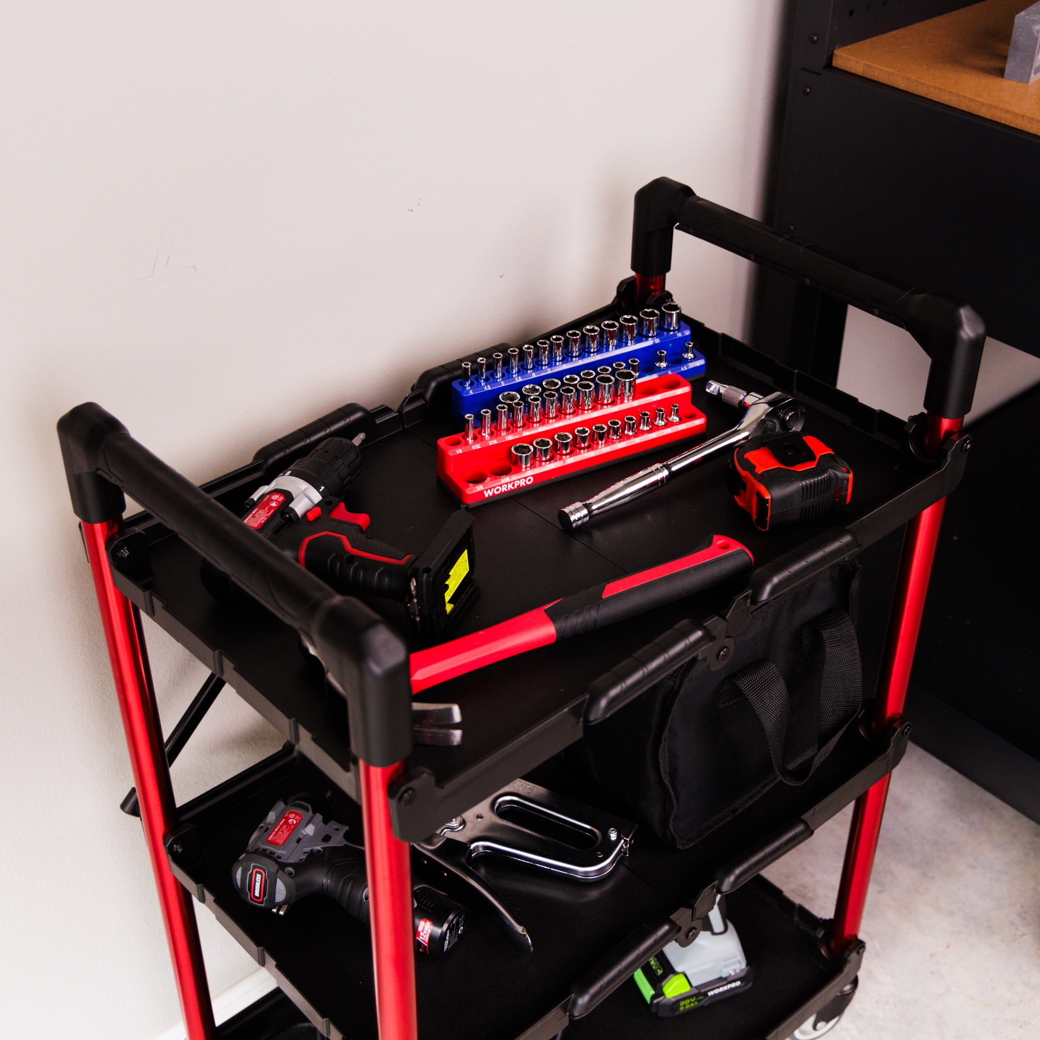 Workpro Collapsible 3-Shelf Utility Tool Cart, Black - Image 11