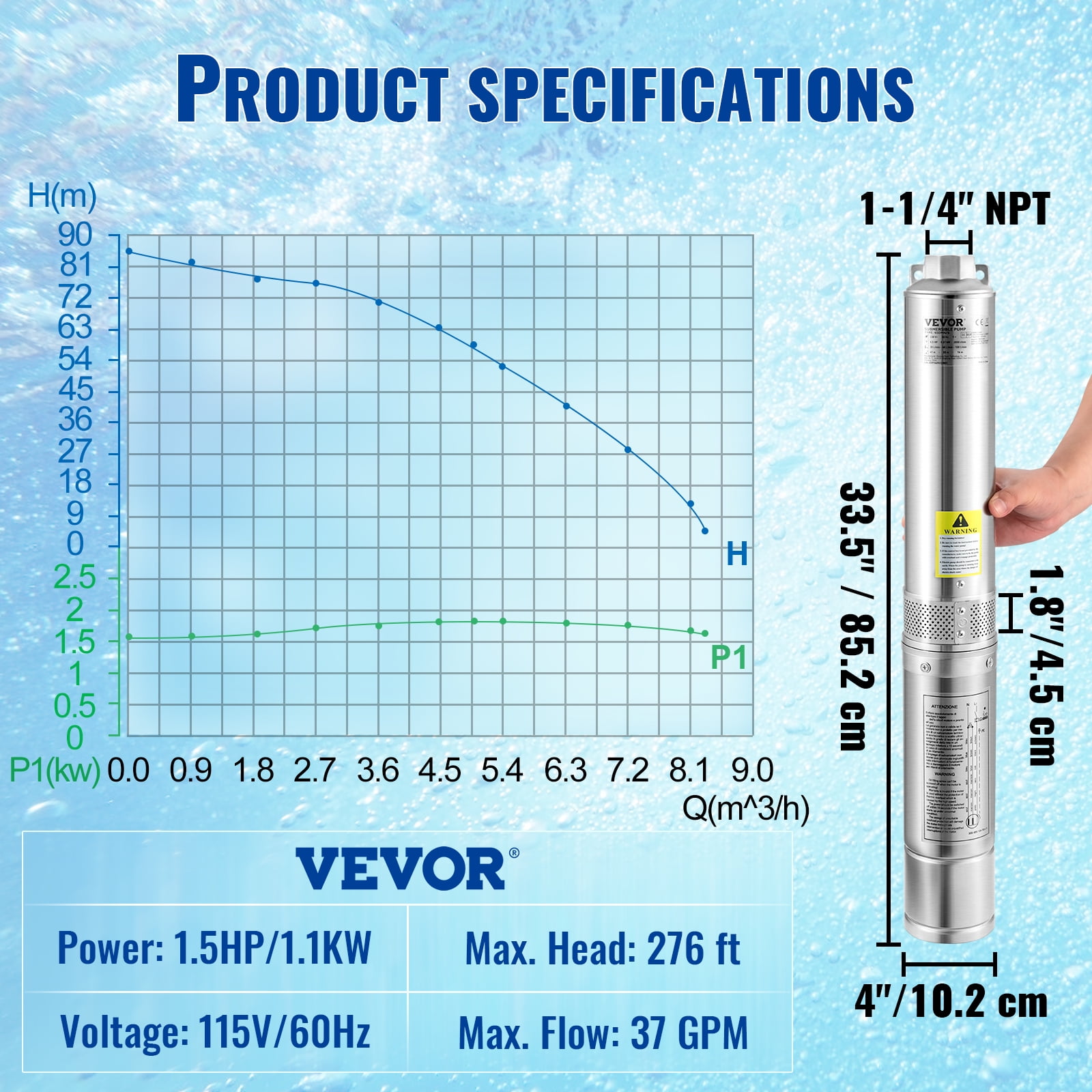 VEVORDeep Well Submersible Pump, 1.5HP 115V/60Hz, 37GPM 276ft Head, with 33 ft Cord & External Control Box, 4 inch Stainless Steel Water Pumps for Industrial, Irrigation and Home Use, IP68 Waterproof - Image 3
