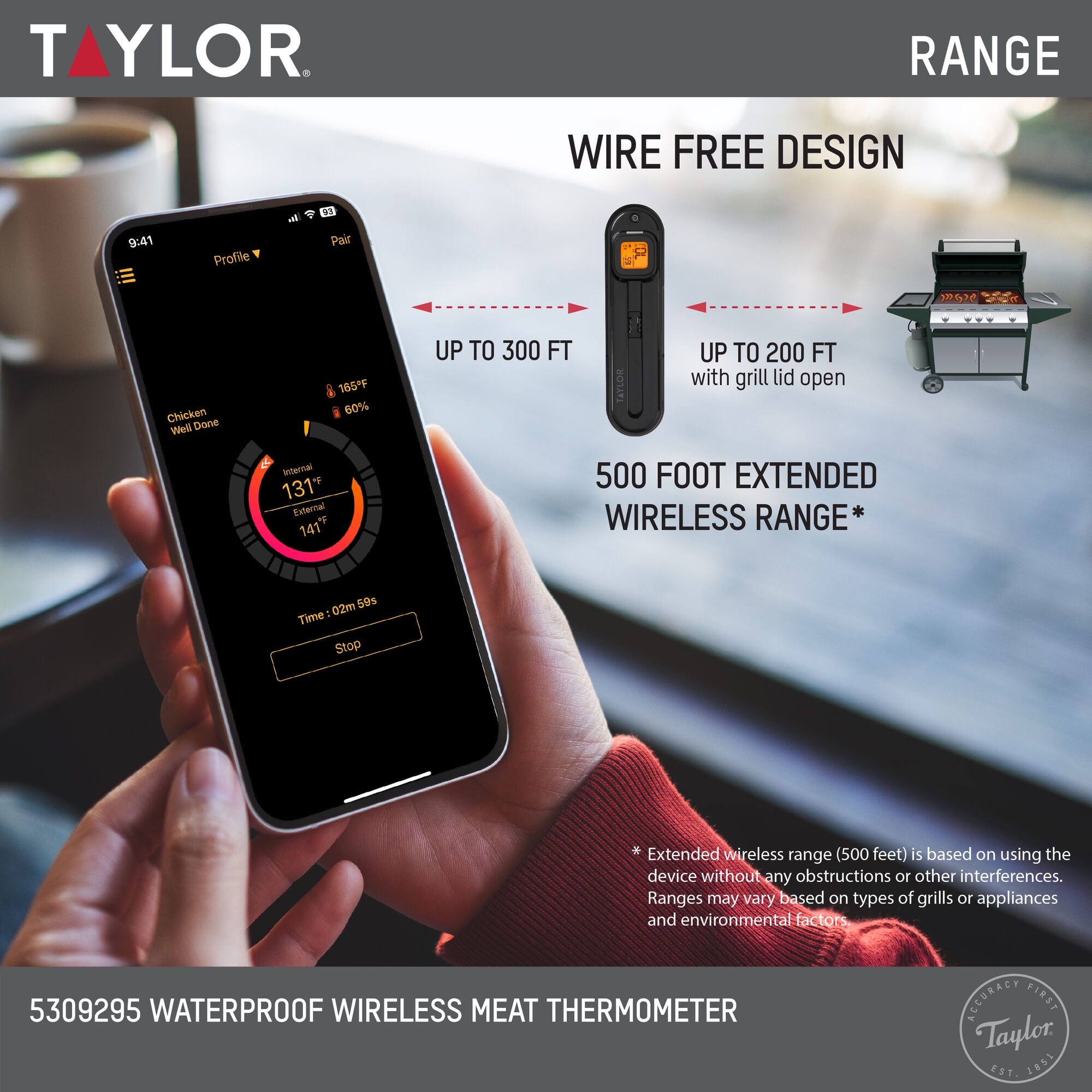 Taylor Waterproof Bluetooth Digital Wireless Grill and Meat Thermometer with Smart Probe Black - Image 3