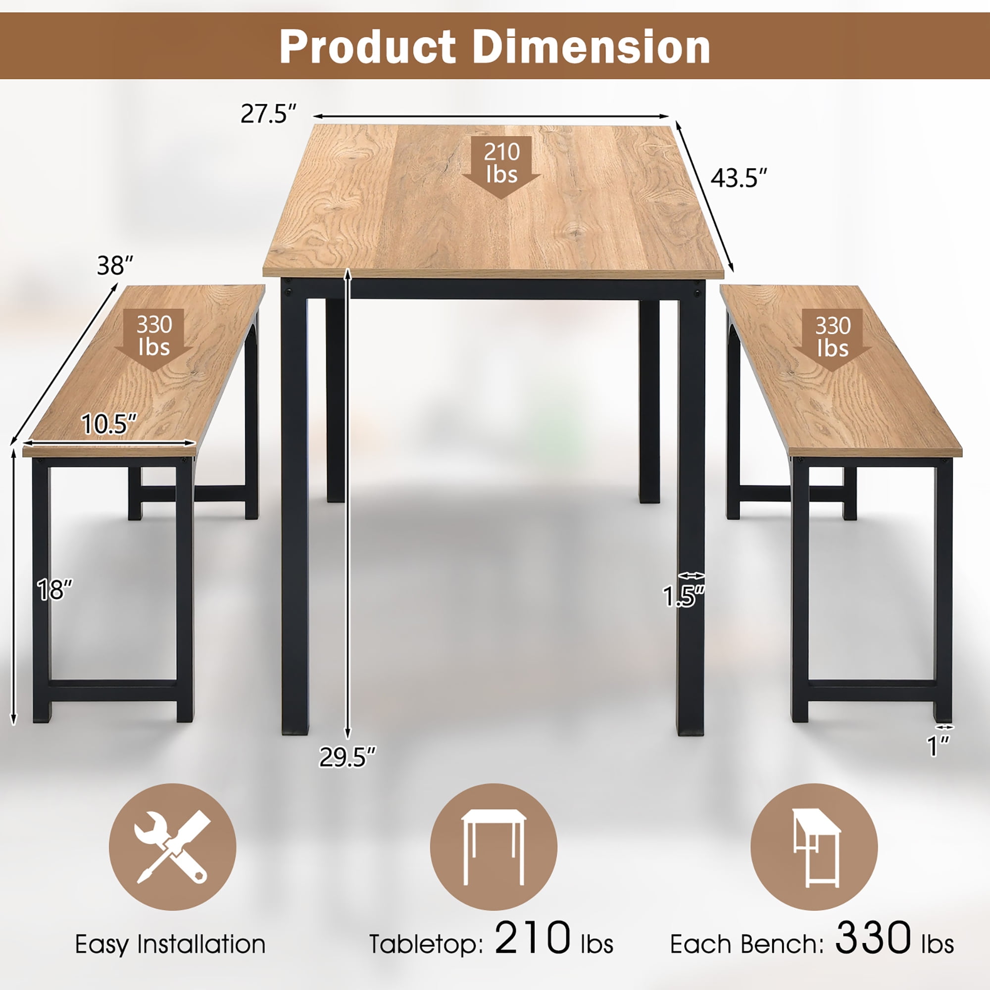 Gymax Modern 3 PCS Dining Table Bench Set w/ Metal Frame & Wooden Tabletop Natural - Image 2