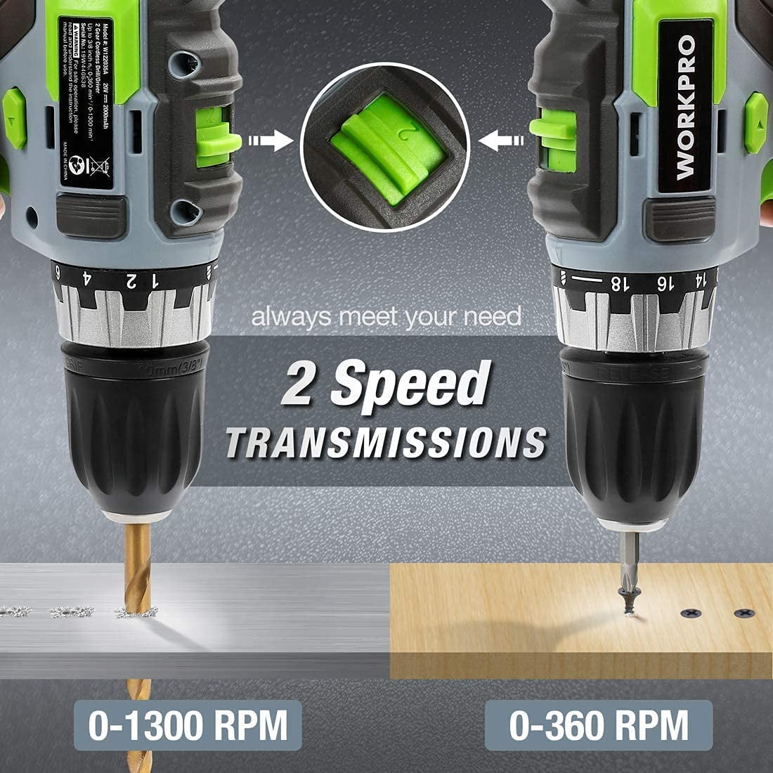 WORKPRO 20V Cordless Drill/Driver Kit, 3/8”, 18+2 Torque Setting, Variable Speed, 2.0 Ah Li-Ion Battery and 1 Hour Fast Charger - Image 6