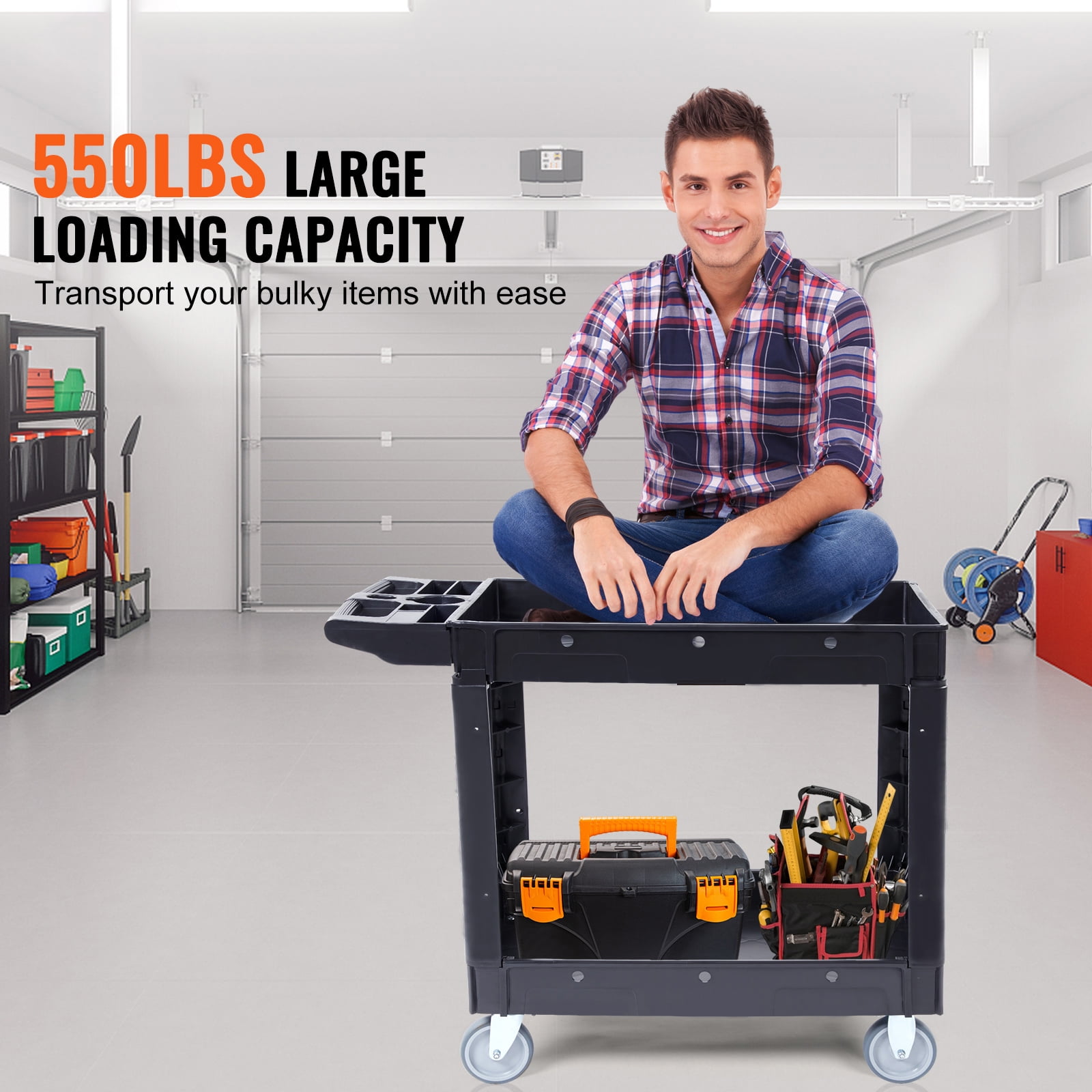 KFFKFF Functional Service Trolley, Dual-Shelf 550LBS Robust Plastic Mobile Utility Cart with 360° Rotating Wheels, Mid-Sized Edged Shelf, Comfortable Storage Grip for Warehouse/Garage/Cleaning/Office - Image 5