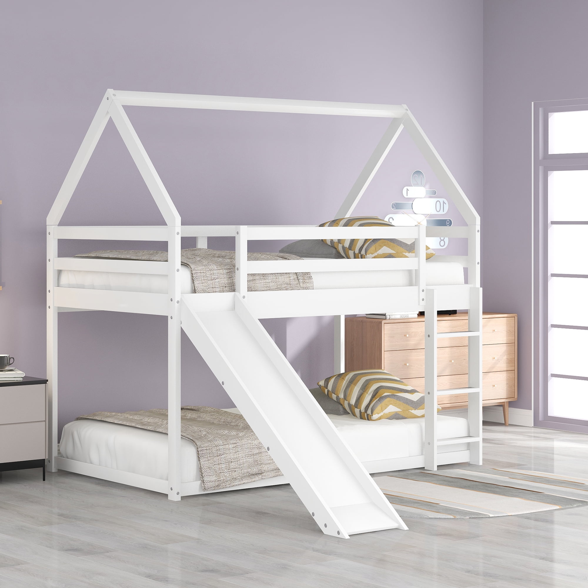 Aukfa Low Bunk Bed, Twin-Over-Twin House Bed Frame for Kids with Slide - White - Image 7