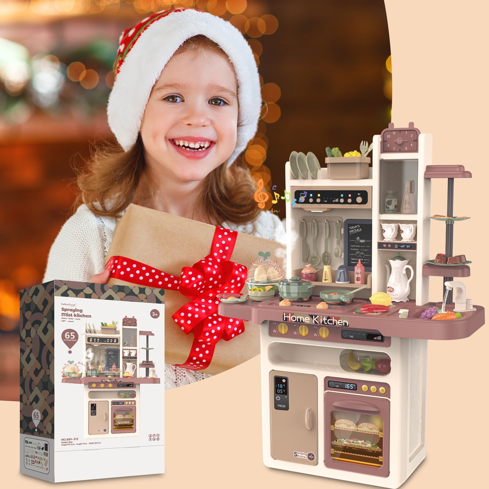 Yexmas Play Kitchen, 37"H Kids Kitchen Playset with Real Sounds & Lights,Pretend Play Food Toys,Play Sink,Cooking Stove with Steam,Toddler Kitchen Toy Gift for Boys and Grlis, 65PCS - Image 9