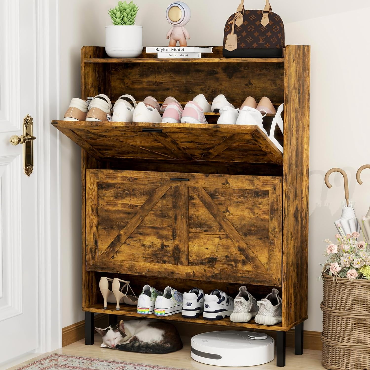 Vinform Farmhouse Shoe Storage Cabinet with 2 Flip Drawers for Entryway, Slim Wood Shoe Cabinet, Freestanding Narrow Shoe Rack Organizer with Metal Legs for Hallway Living Room (Rustic Brown) - Image 3