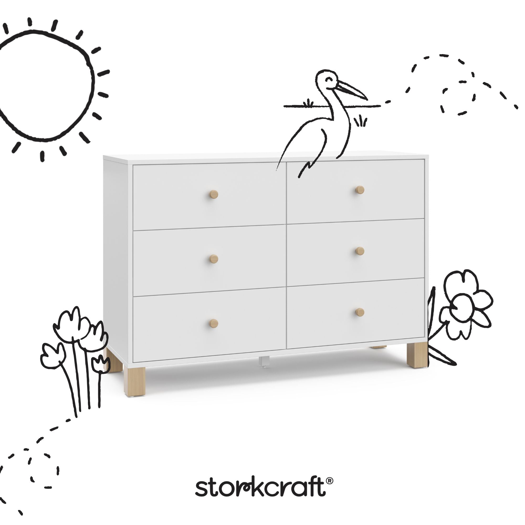 Storkcraft California 6 Drawer Nursery Wood Double Dresser, White with Driftwood - Image 10