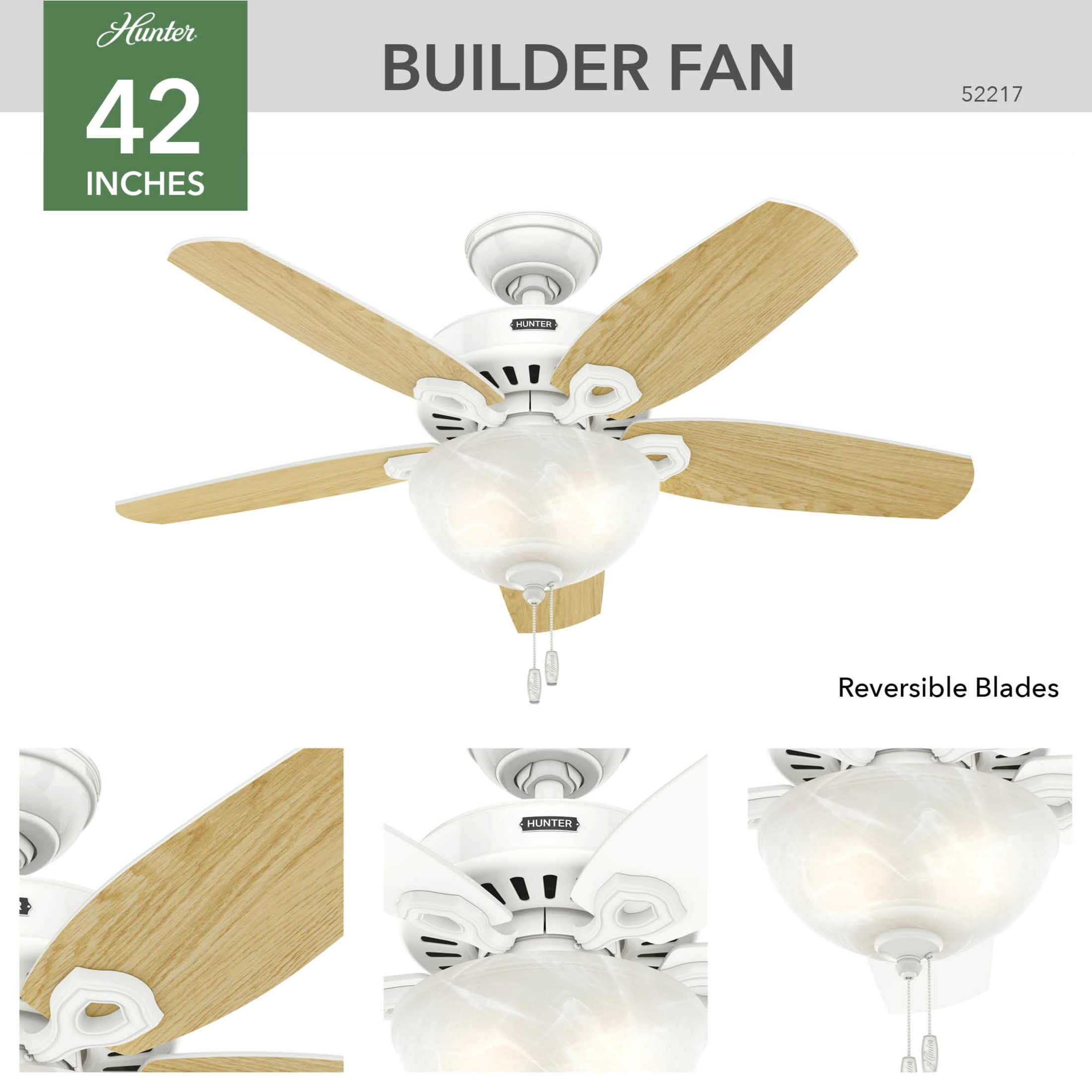 Hunter 42 inch Indoor Ceiling Fan with LED Light - White Ceiling Fan with Pull Chain, For Bedroom or Living Room, Standard Mount, No Remote, 5 Blades, Includes Bulbs - Builder 52217, Snow White - Image 14