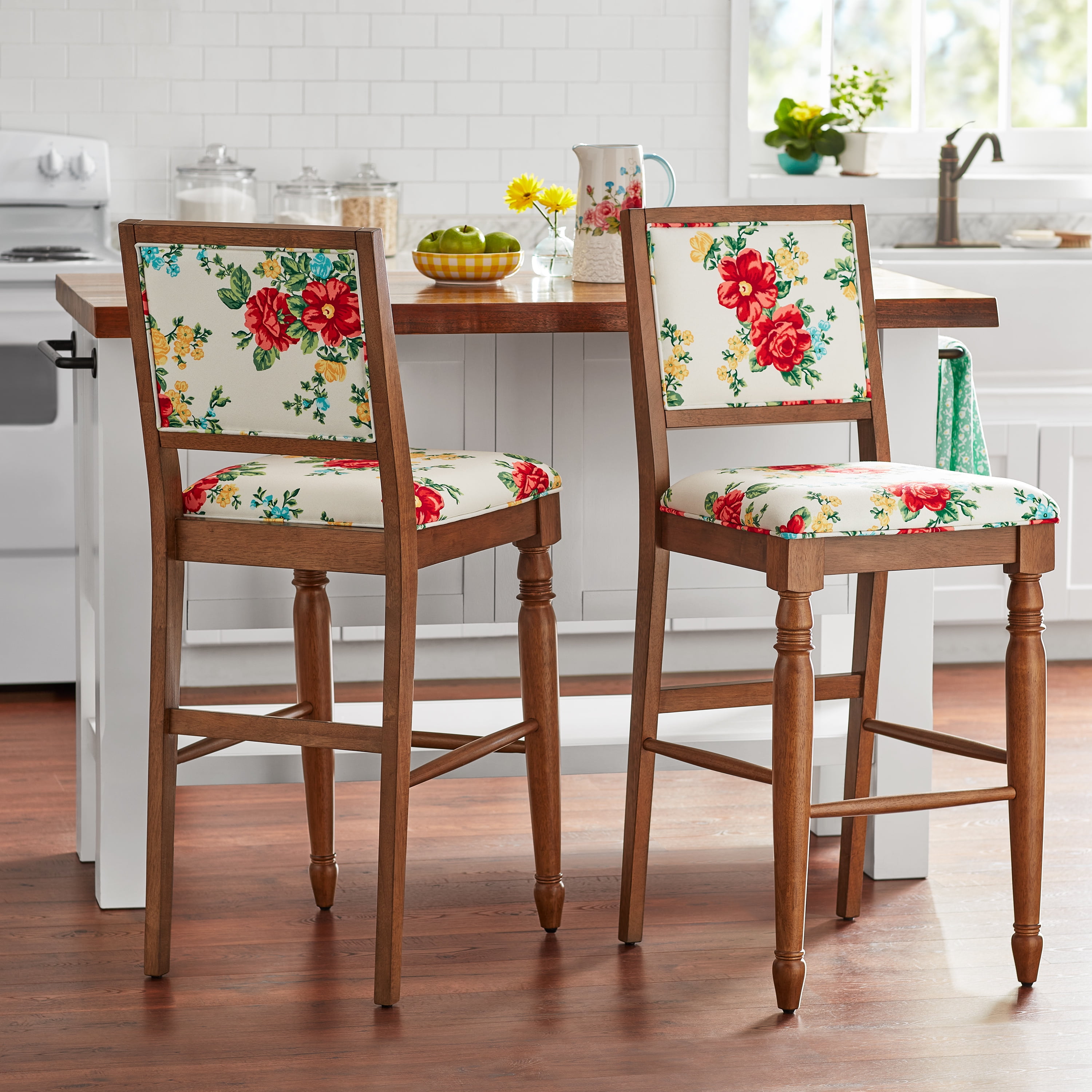 The Pioneer Woman Vintage Floral Bar Stools Made With Solid Wood Frame, Set of 2 - Image 3