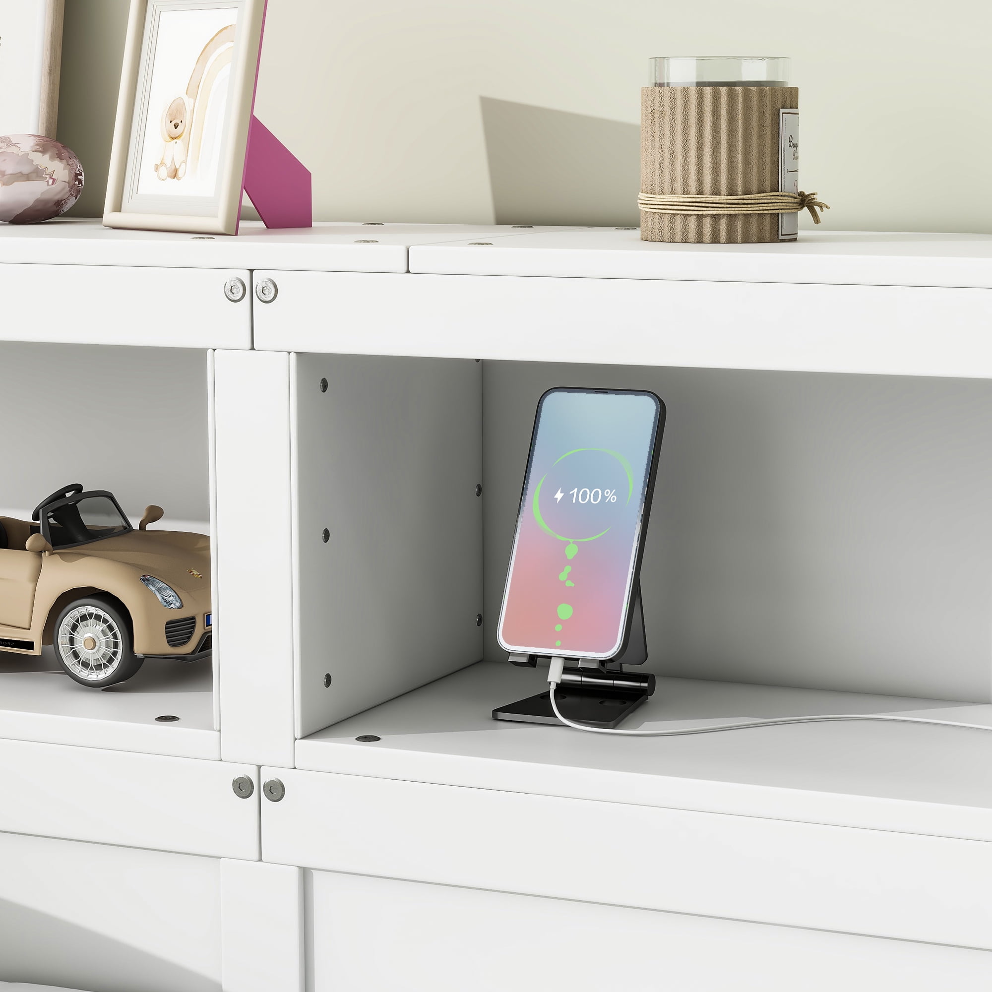 Euroco Wood Twin Size Platform Bed, L Shaped Daybeds with Storage Headboard and USB Charging, 3-in-1 Bed with Trundle and Drawer, White - Image 7