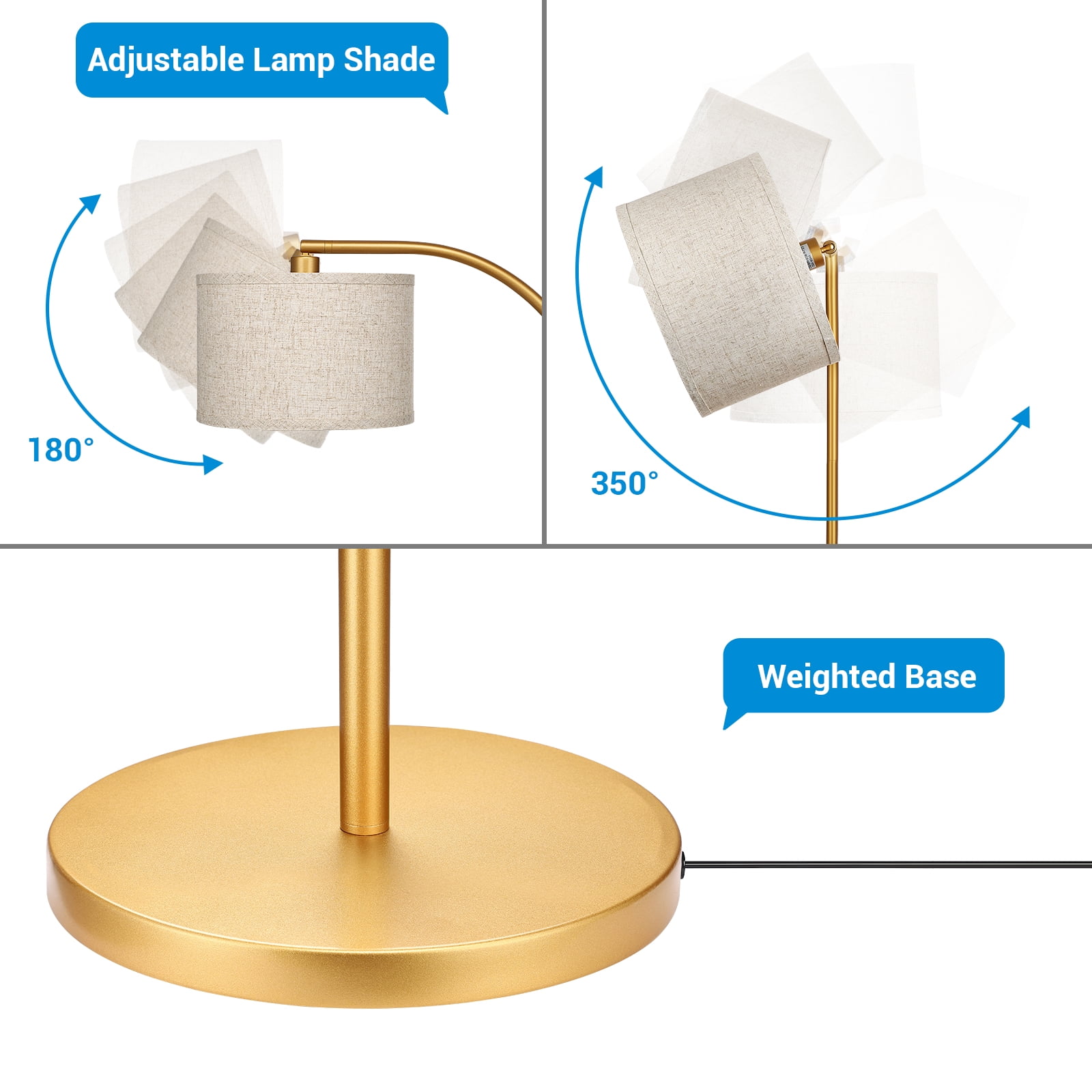 DEWENWILS 63.4-Inch Modern Arc Gold Floor Lamps for Living Room, Metal Standing Lamp with Foot Switch for Bedroom, Office, Decor, Lighting, Adjustable Lampshade - Image 6