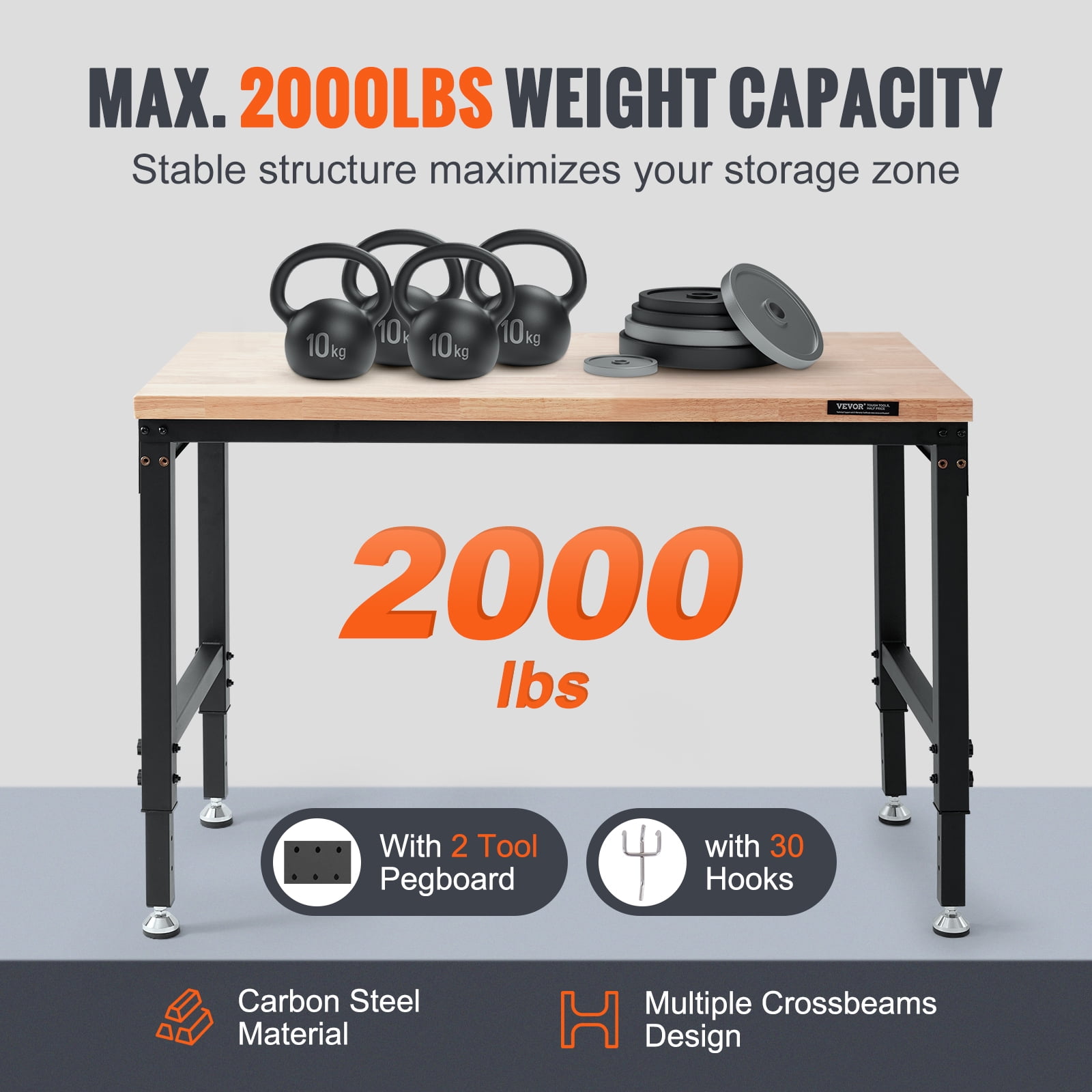 VEVOR Adjustable Workbench, 48" L X 24" W Multi-Purpose Work Bench with 28-39.5" Height Range and 2000 lbs Capacity, Power Outlets & Hardwood Top & Metal Frame & Foot Pads, Workshop Garage Table - Image 3