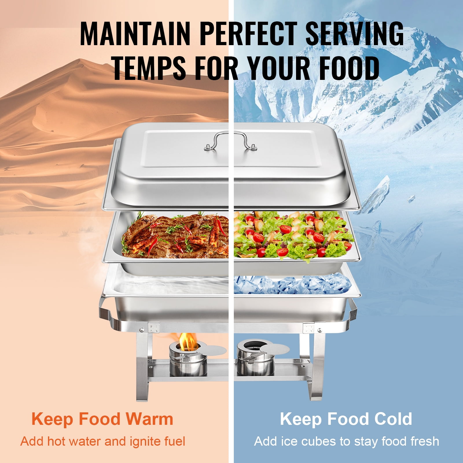 VEVOR Chafing Dish Buffet Set,8 Qt 4 Pack, Stainless Chafer with 4 Full Size Pans, Rectangle Catering Warmer Server with Lid Water Pan Folding Stand Fuel Tray Holder Spoon Clip - Image 9