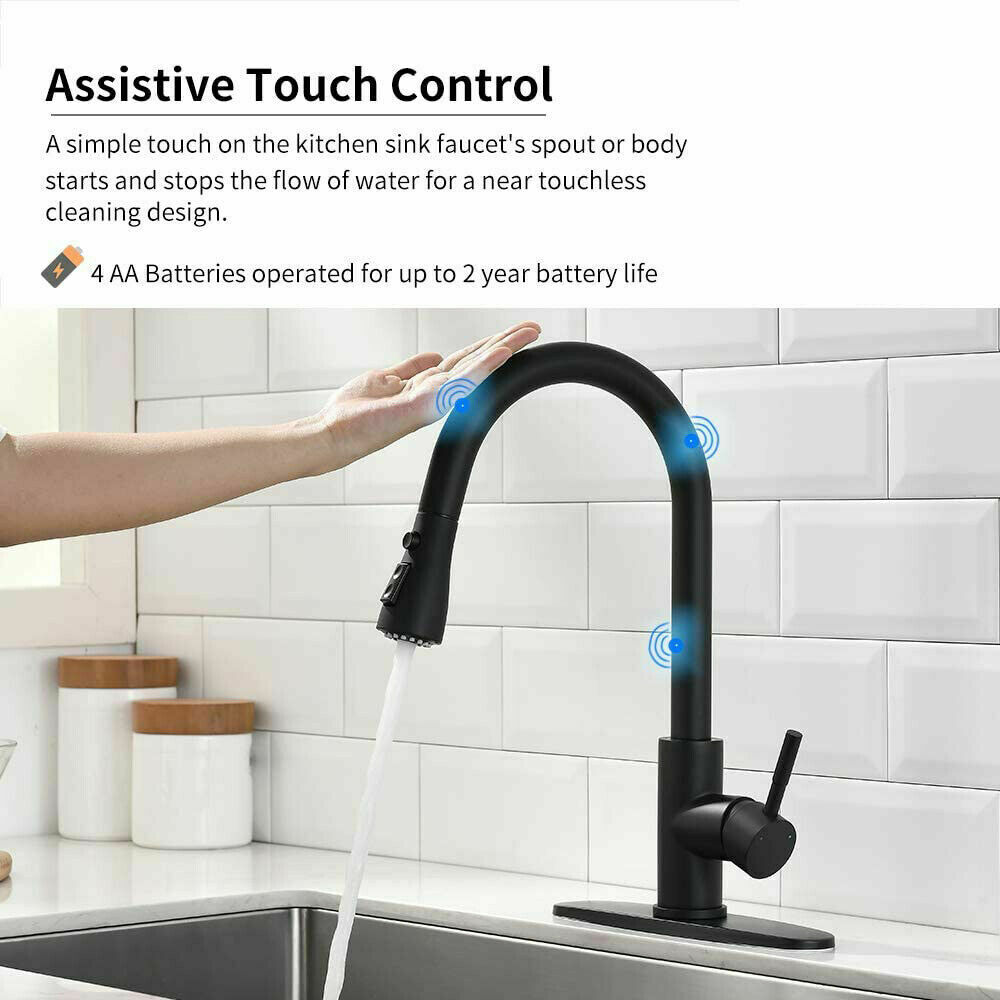 Zovajonia Matte Black Touch On Kitchen Sink Faucet Pull Down Sprayer Swivel Tap W/Plate - Image 11