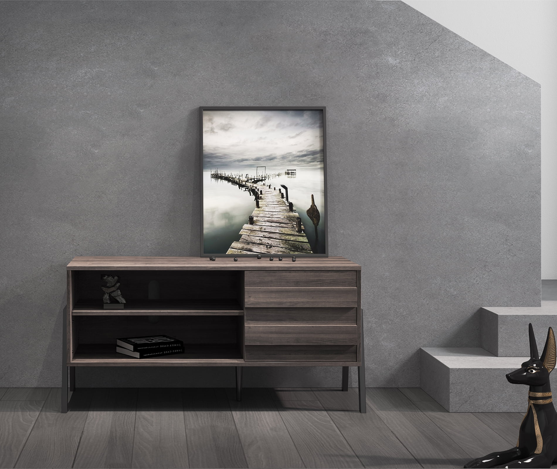 TV Stand for TVs up to 55" with Door, Mid Century Modern TV Console Media Cabinet for Living Room Bedroom, Brown - Image 5