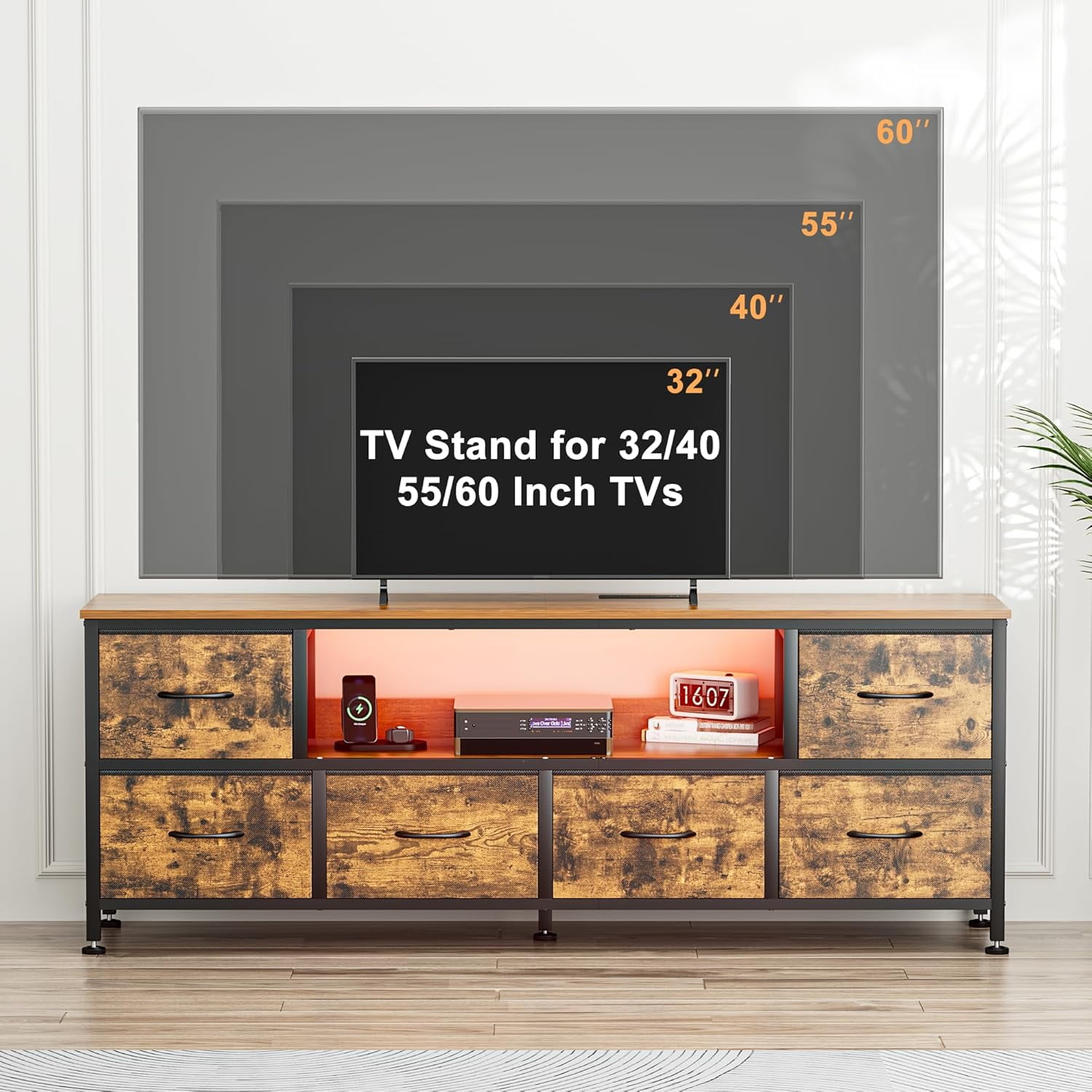 GIKPAL Dresser TV Stand with 6 Drawers, TV Stands for 55 inch TV, Brown Dresser Chest of Drawers, Fabric Dresser with LED Lights and Outlets - Image 7