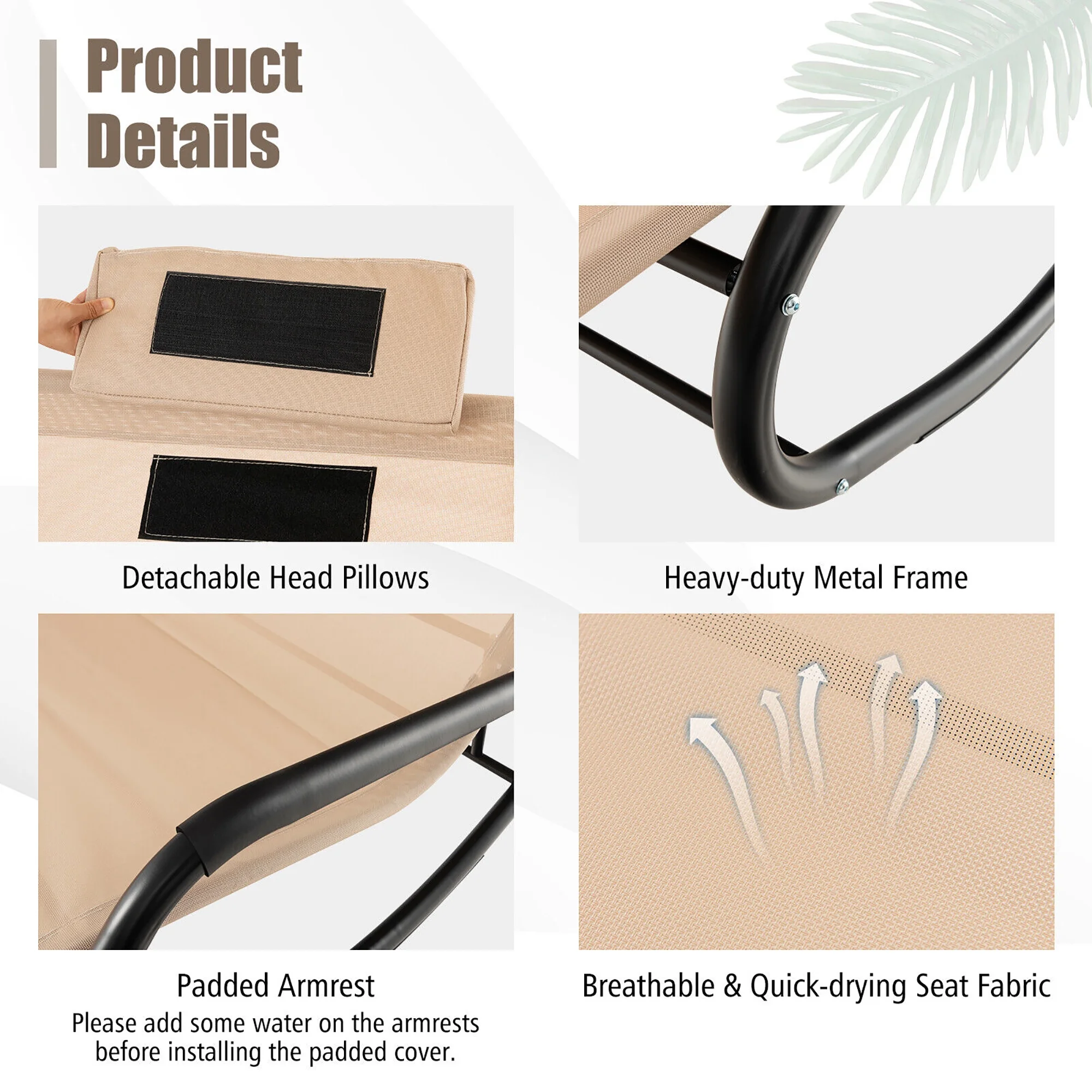 Gymax Outdoor 2-Person Double Rocking Chaise Lounge w/ Canopy & Wheels Metal Frame - Image 2