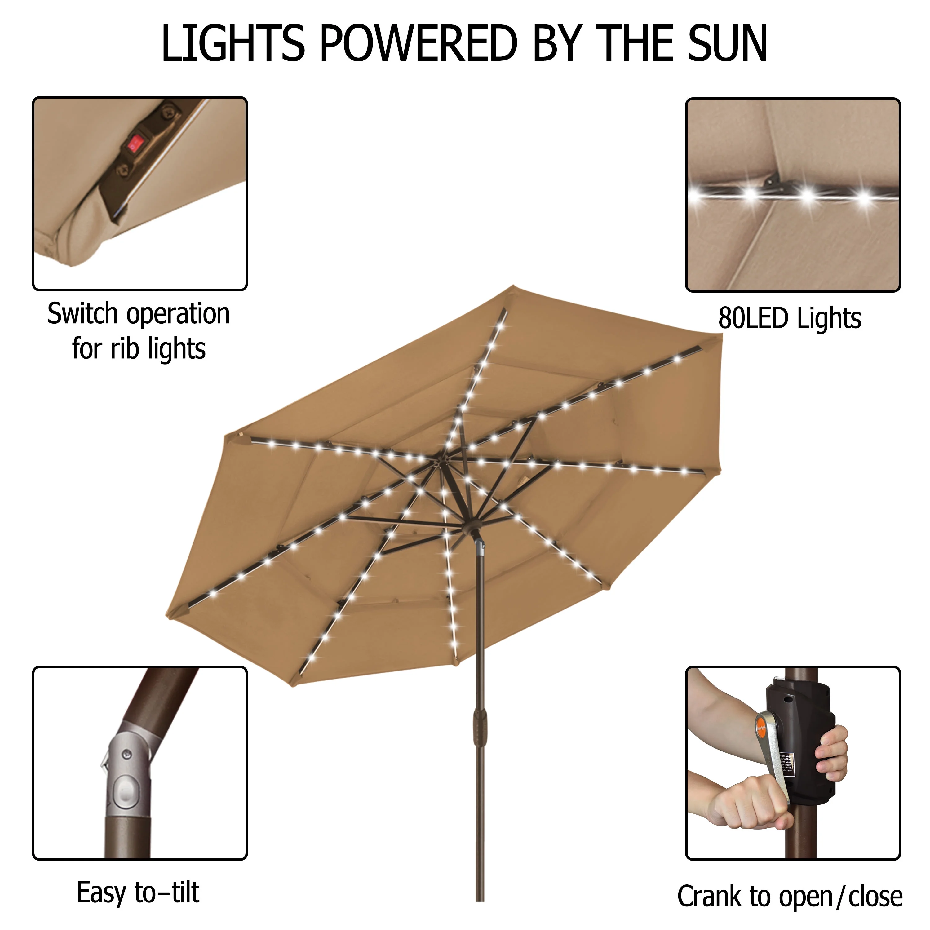 EliteShade Sunbrella Solar 9ft 3 Tiers Market Umbrella with 80 LED Lights Patio Umbrellas Outdoor Table with Ventilation and 5 Years Non-Fading Top,Tan - Image 3