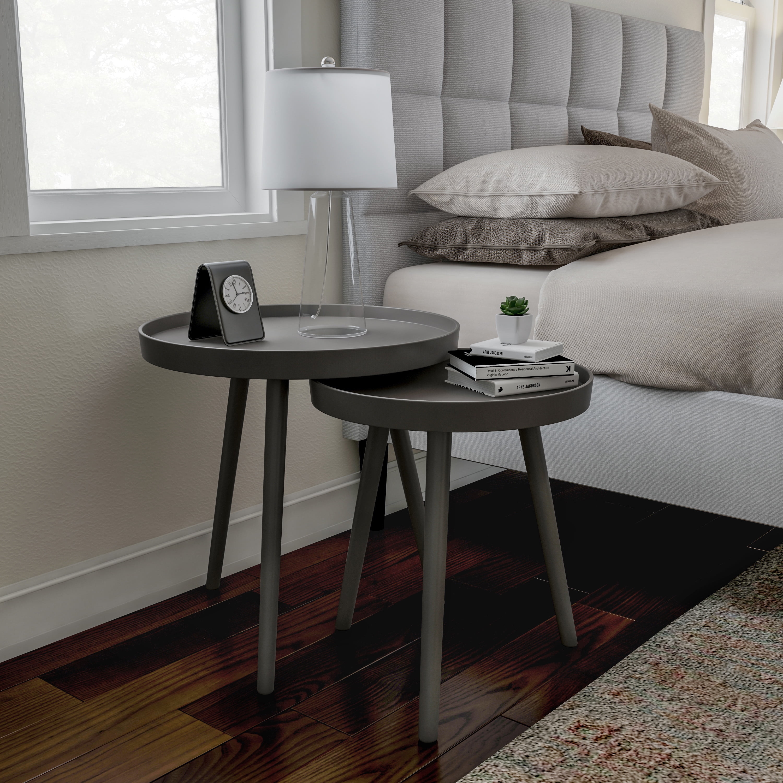 Lavish Home Set of 2 Round Nesting End Tables with Tray Tops, Gray - Image 4