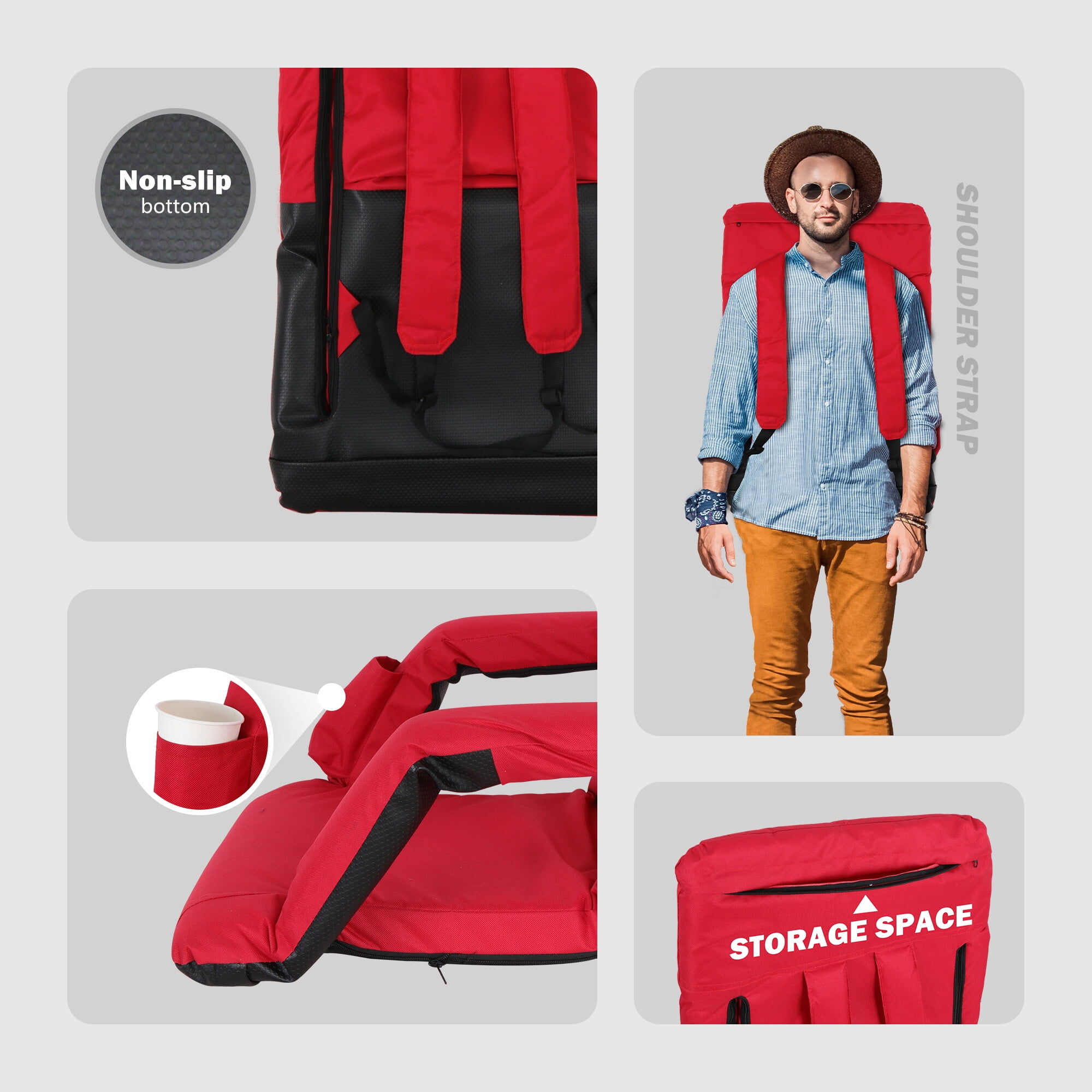 HomGarden Portable Stadium Seat Chair, 6 Reclining Folding Bench Bleachers, Red - Image 2