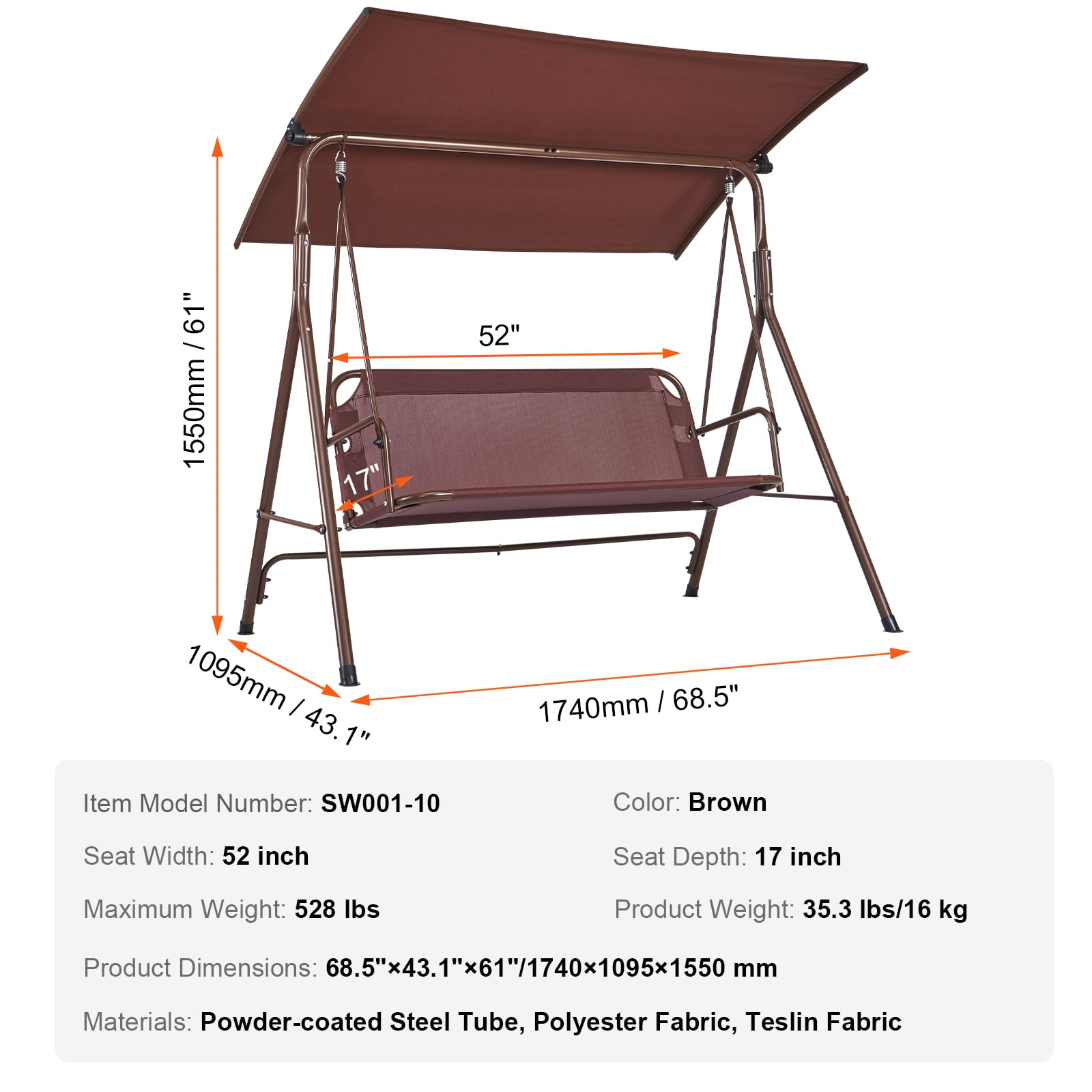 KFFKFF Alloy Steel Chair Porch Swing, Brown - Image 6