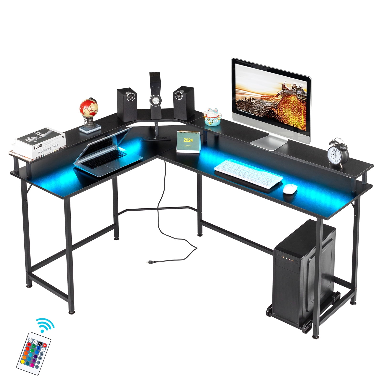 Ktaxon L-Shaped Gaming Desk with USB Wireless Charging, 55" Computer Desk with Monitor Stand, Corner Writing Desk with LED Light, Black - Image 6