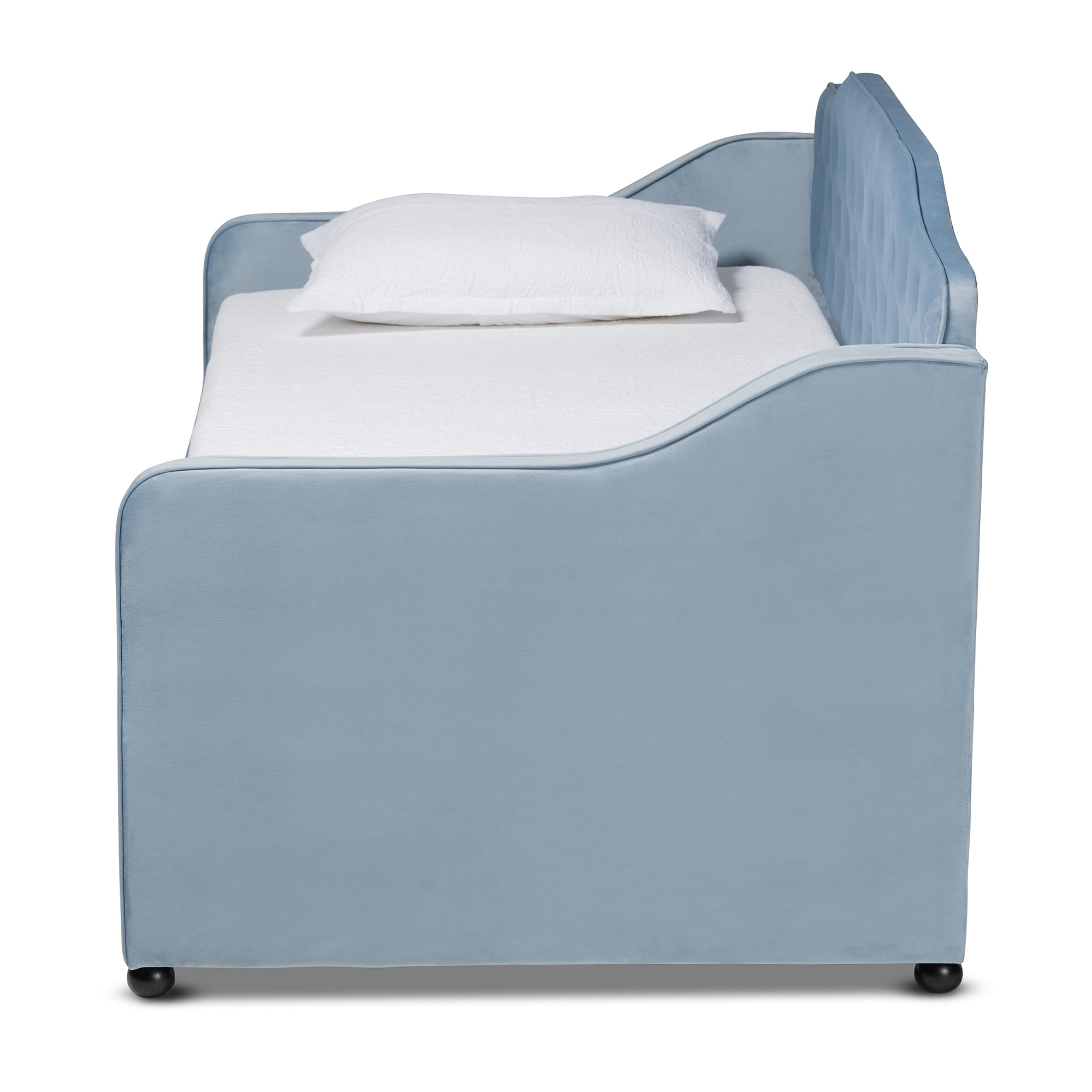 Baxton Studio Freda Transitional and Contemporary Light Blue Velvet Upholstered and Button Tufted Twin Size Daybed with Trundle - Image 3