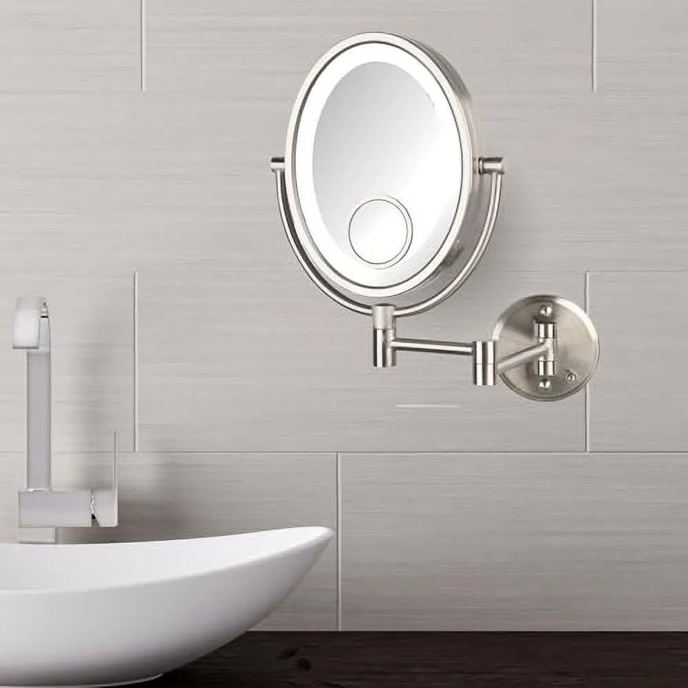 Jerdon 8 inch by 10 inch Oval Wall-Mounted Lighted Makeup Mirror with 10X-1X and 15X Spot Magnification, Nickel Finish, Direct Wire -Model HL9515NLD - Image 5