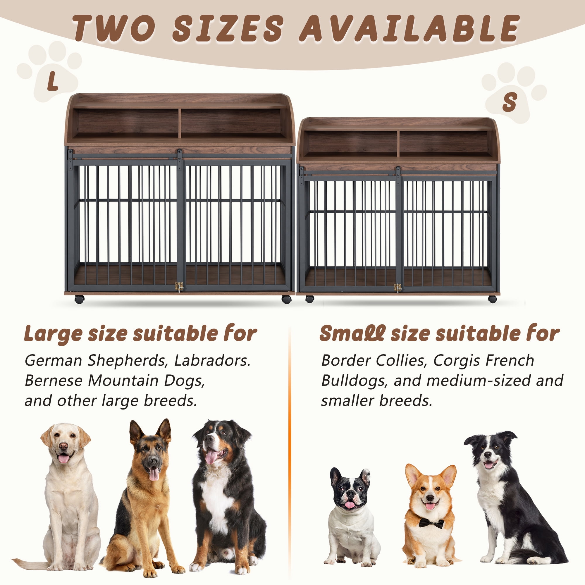 EUROCO 44" Heavy Duty Dog Crate,Wooden Dog Crate End Table with 4 Lockable Wheels,Sliding Barn Door and 2 Open Shelves,Furniture Style Large Dog Kennel Indoor for Large/Medium Dog,Brown - Image 4