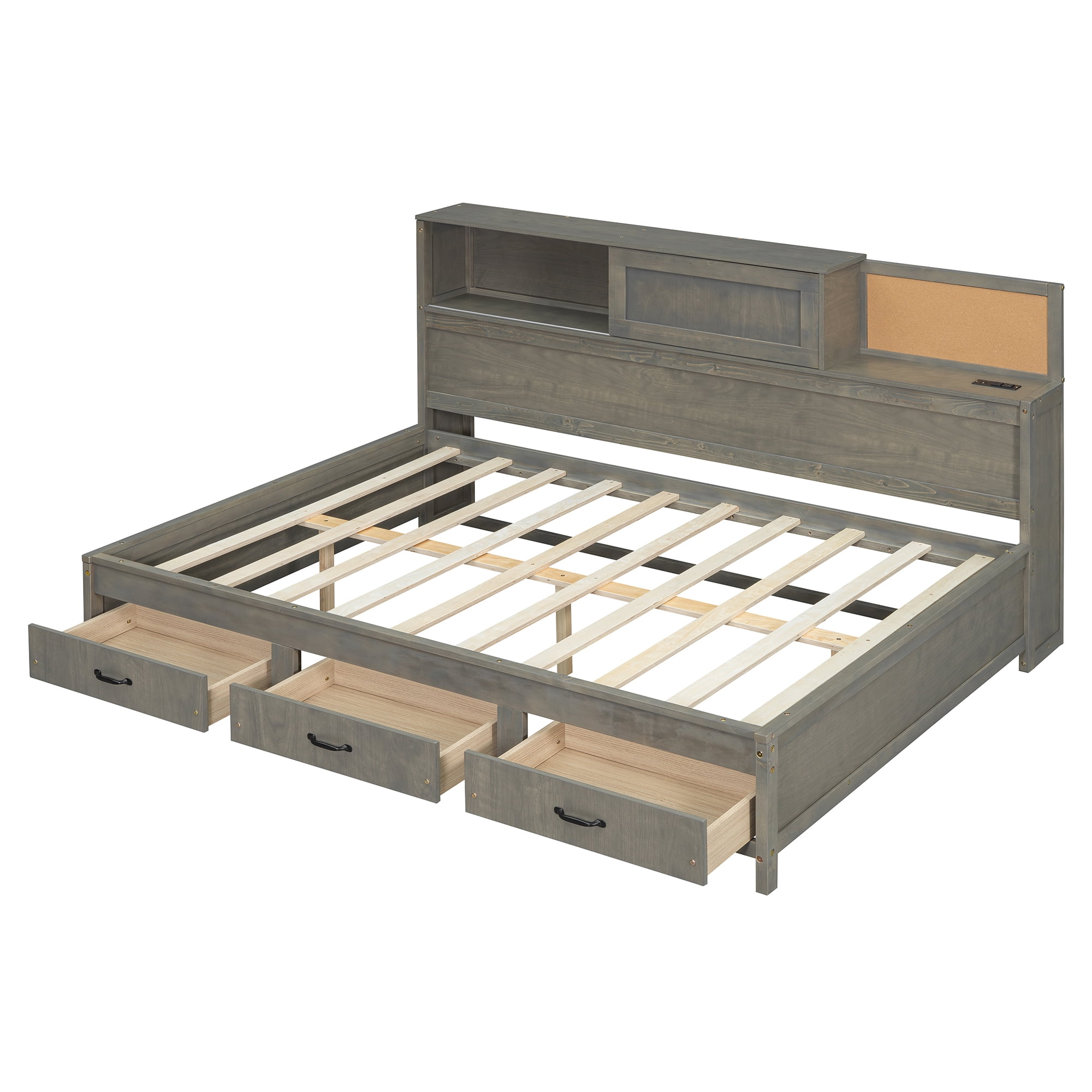 Euroco Twin Size Daybed with Shelf, Drawers and Charging Station for Bedroom, Gray - Image 4