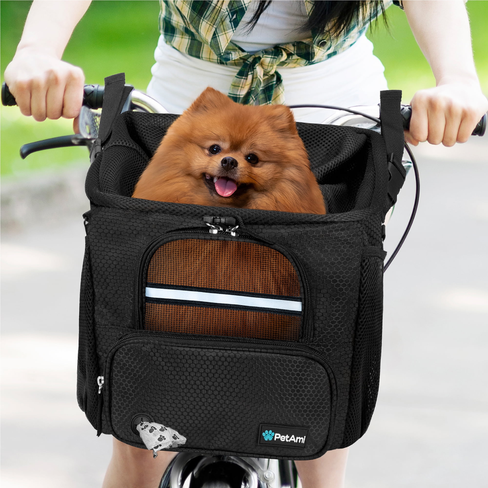 PetAmi Dog Bike Basket, Soft-sided Ventilated Dog Bike Carrier Backpack, Dog Pet Bicycle Basket for Bike Handlebar, Small Medium Puppy Cat Kitten Car Booster Seat with Safety Strap (Black) - Image 6