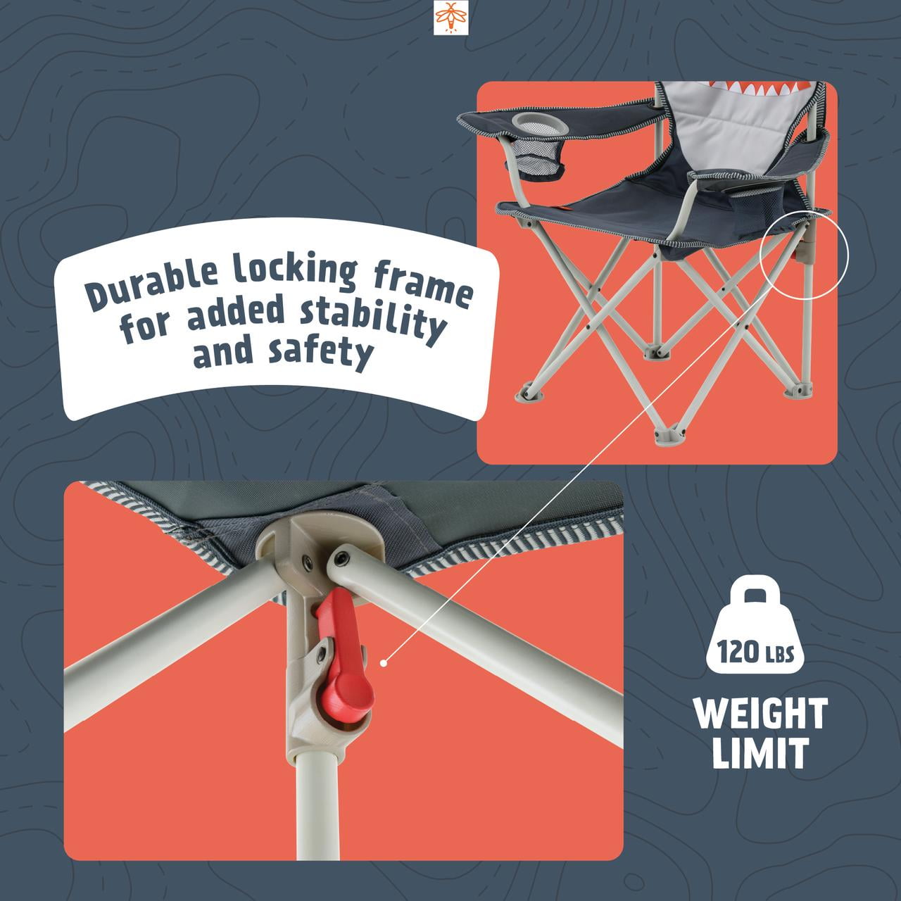 Firefly! Outdoor Gear Finn the Shark Kid's Camping Chair - Navy/Orange/Gray Color - Image 2