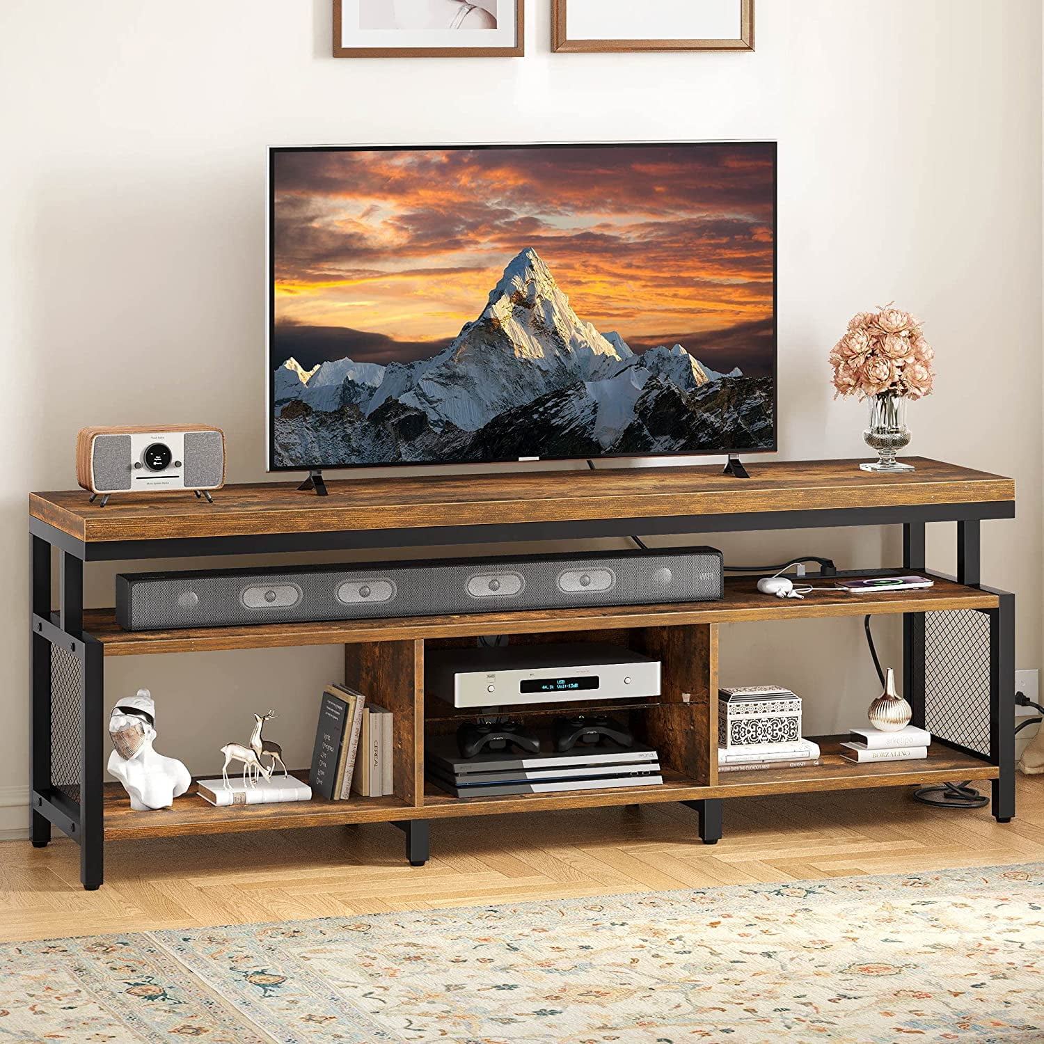 Dexturs LED TV Stands w/Power Outlets, Industrial TV Stand for 55/60/65/70 inch, Retro Brown - Image 6