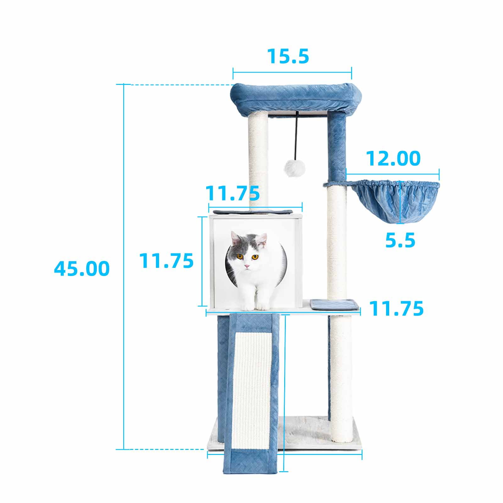 Petfamily 45 in Cat Tree Cat Tower with Perch, Hammock, Scratching Post, Stone Blue, 18.9x15.75x45" - Image 2