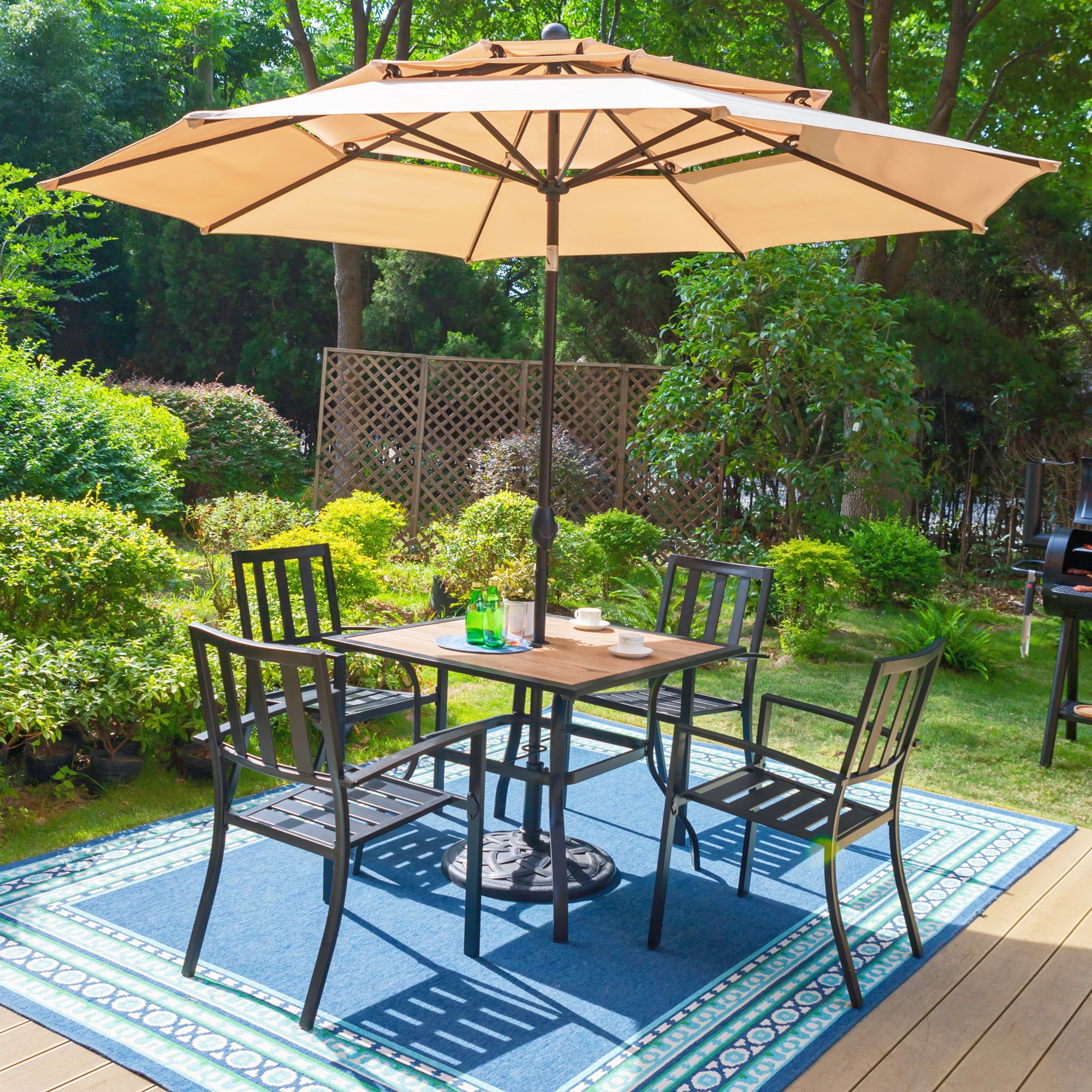 MF Studio 5-Piece Outdoor Patio Dining Set with Stacking Chairs & Faux Wood Table for 4-Person, Metal Steel, Black - Image 5