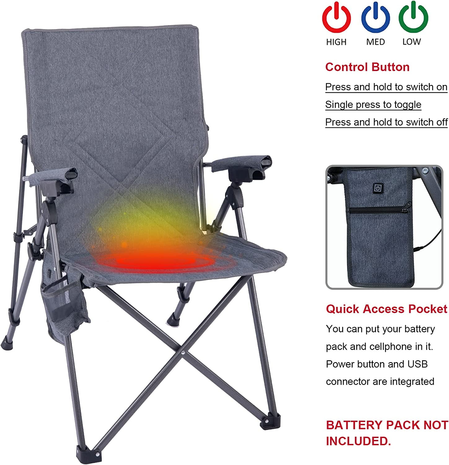 YUQIN Outdoor Reclining Camping Chairs Adjustable 3 Position Foldable Heavy Duty Adults 300 LBS Capacity for Adults Lounge with Cup Holder, Heated Folding Camp Chair Lawn Patio Outdoor Porch - Image 6