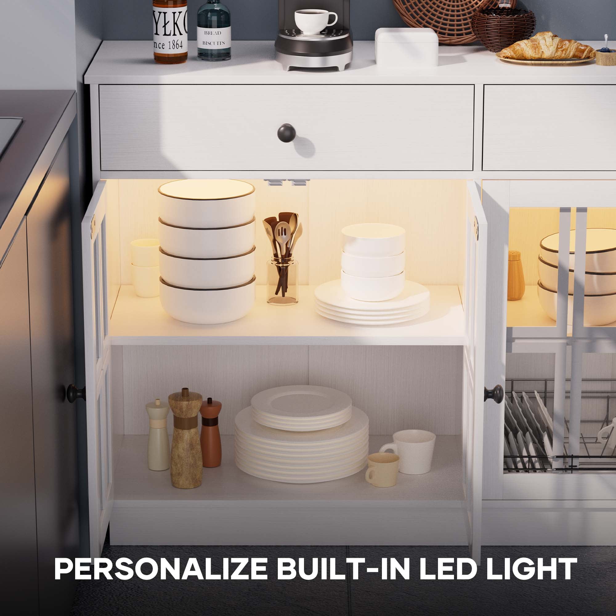 MARNUR 53.3" Modern Sideboard Buffet with 2 Drawers & 4 Glass Doors & LED Light, Large Kitchen Cabinet for Dining Room, Kitchen, Living Room, White - Image 6