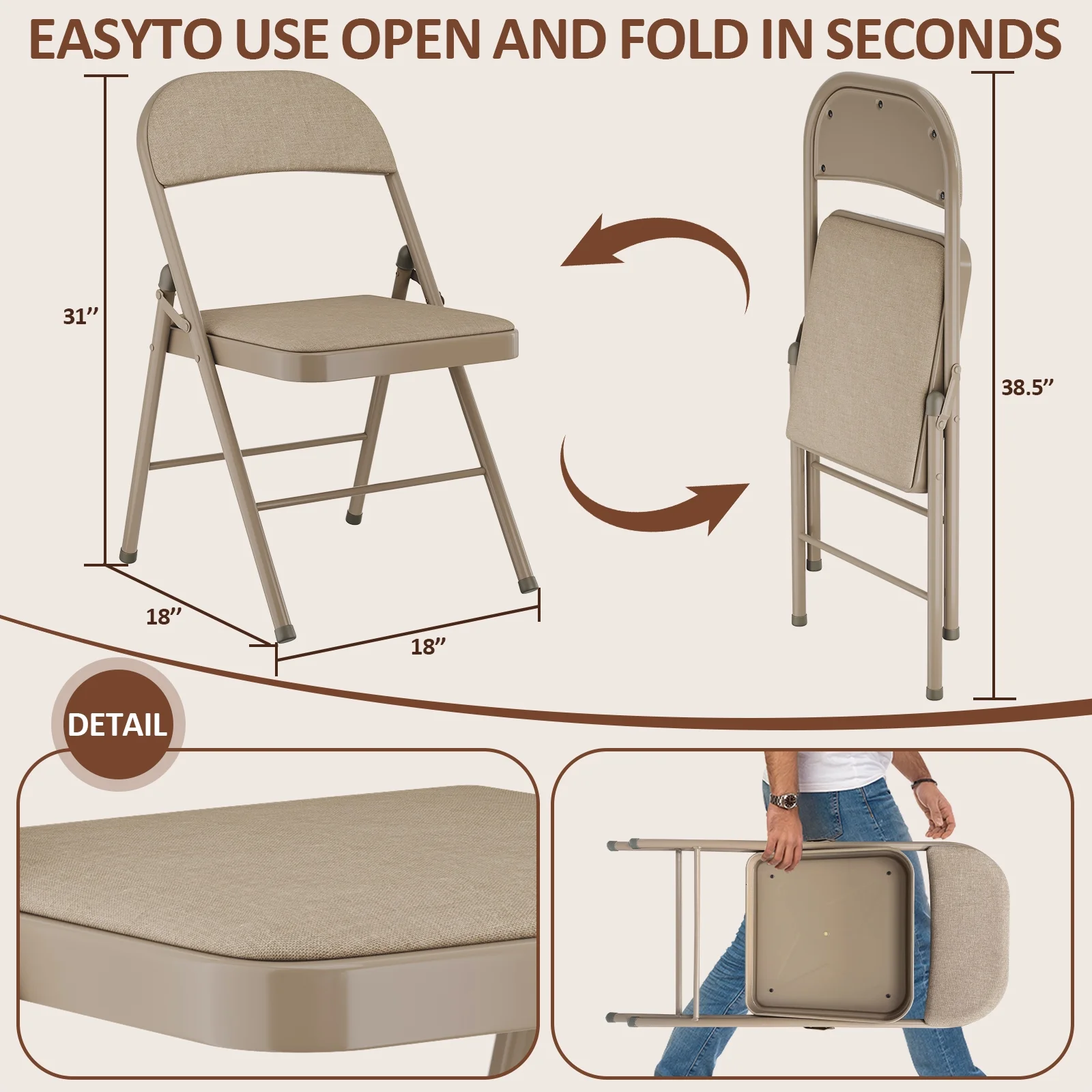 HONGGE Metal Padded Folding Chair, khaki (Set of 6) - Image 3