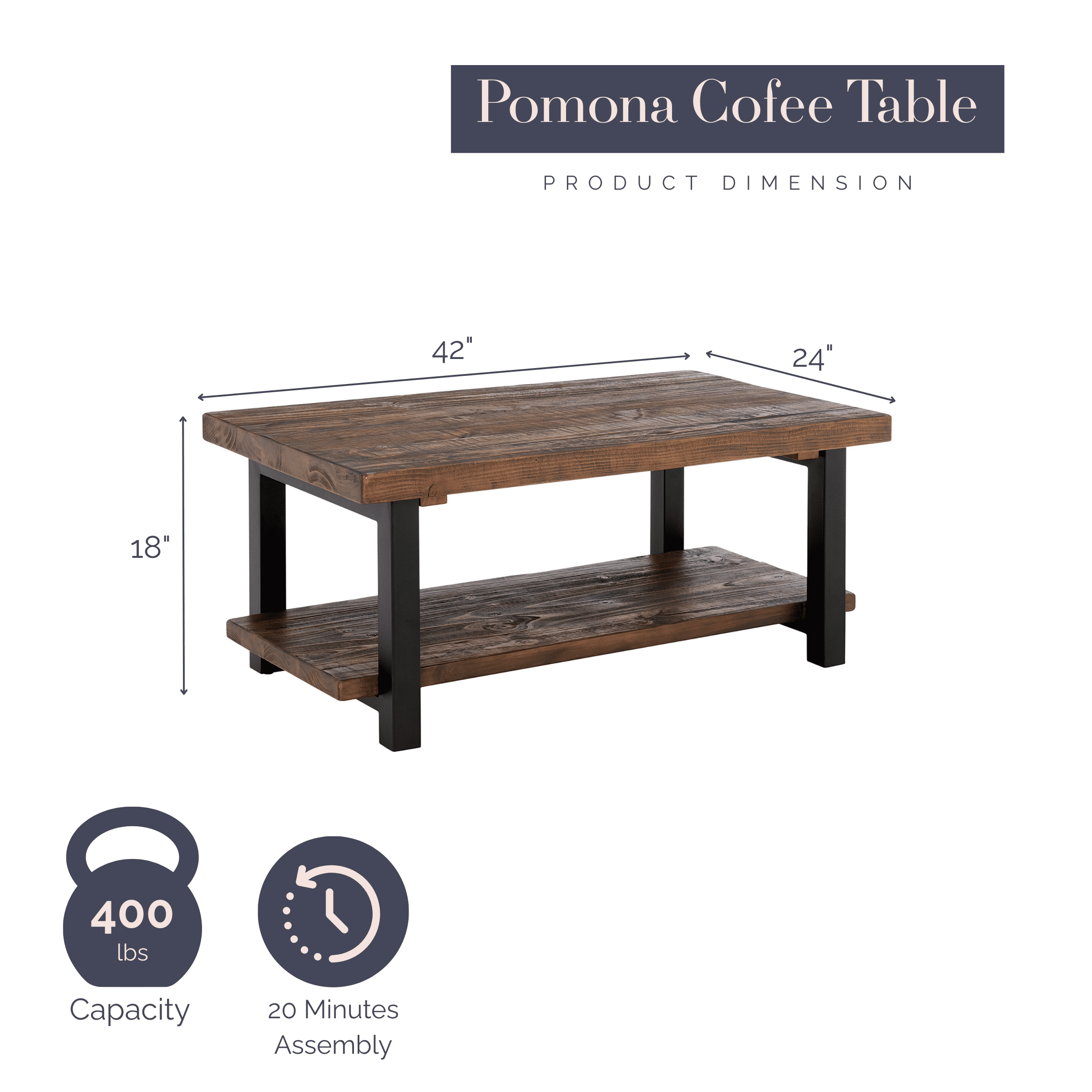 Alaterre Furniture Pomona 42 in. Solid Pine Wood and Metal Coffee Table, Rustic Natural - Image 4