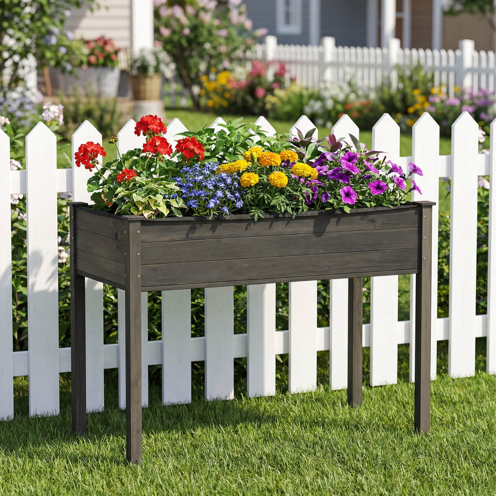 Costway Wooden Raised Vegetable Garden Bed Elevated Grow Vegetable Planter Gray - Image 9