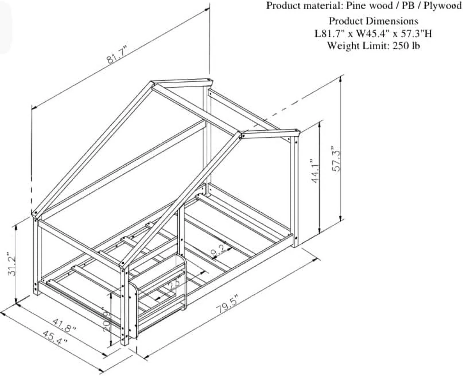 Miniyam Wood Twin Size Floor Bed with Shelf for Kids, Roof Designed, White - Image 3