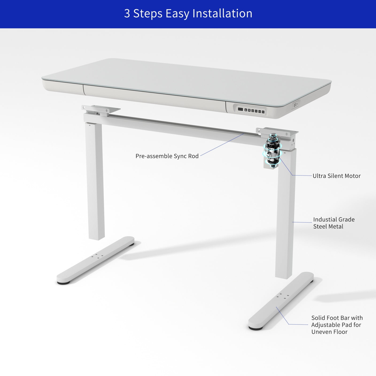 KOWO K302 Adult Tempered Glass Electric Height Adjustable Standing Desk with Drawer, 23.6 in x 47.2 in, White, 1 Pack - Image 6