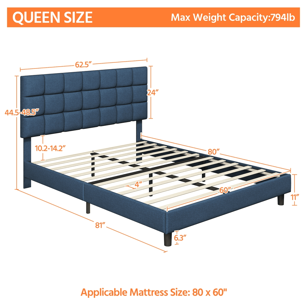 Yaheetech Modern Upholstered Platform Bed with Adjustable Tufted Headboard , Queen Size, Navy Blue - Image 10