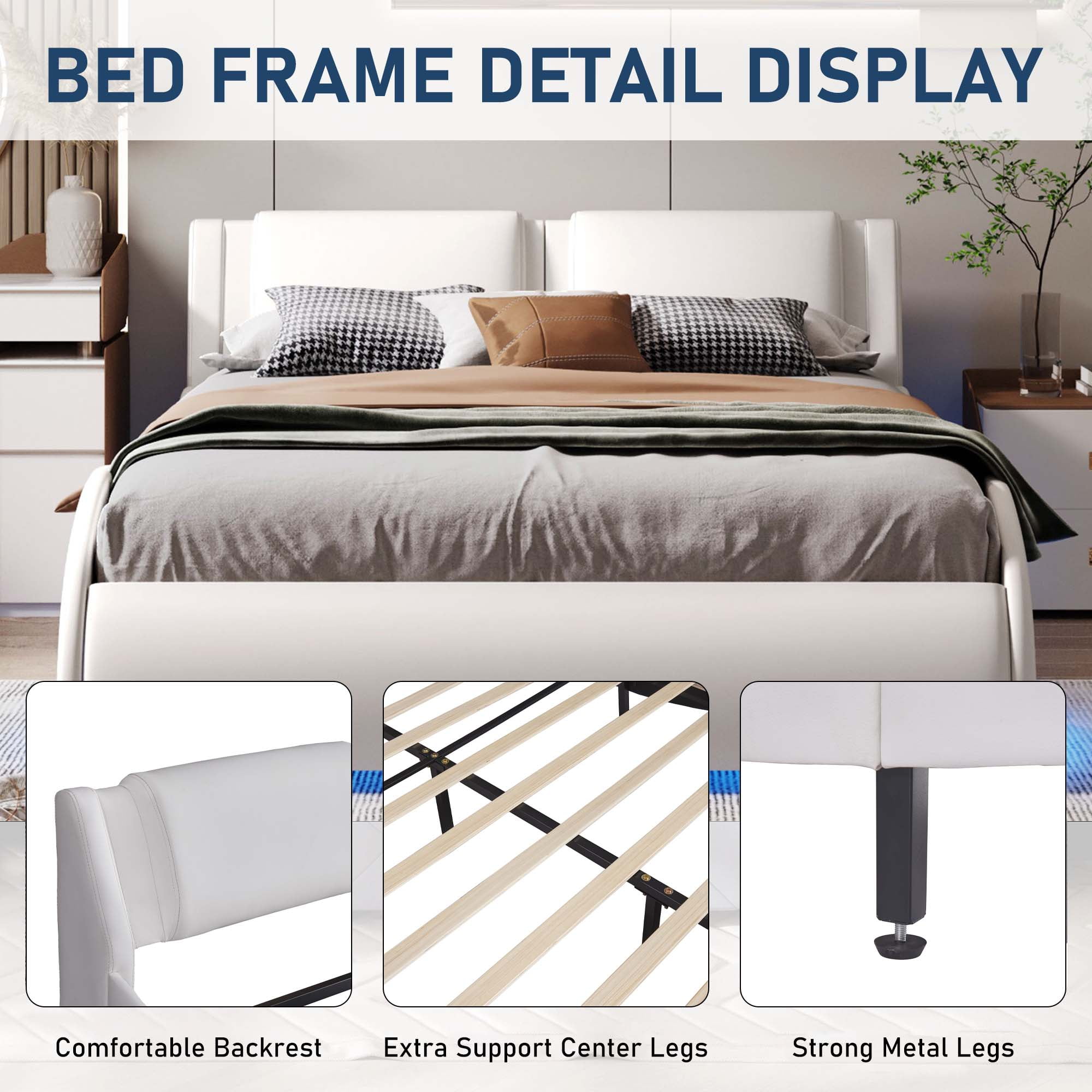 Aukfa Faux Leather Full Upholstered Platform Bed with Headboard, 16 LED Bed Frame - White - Image 6