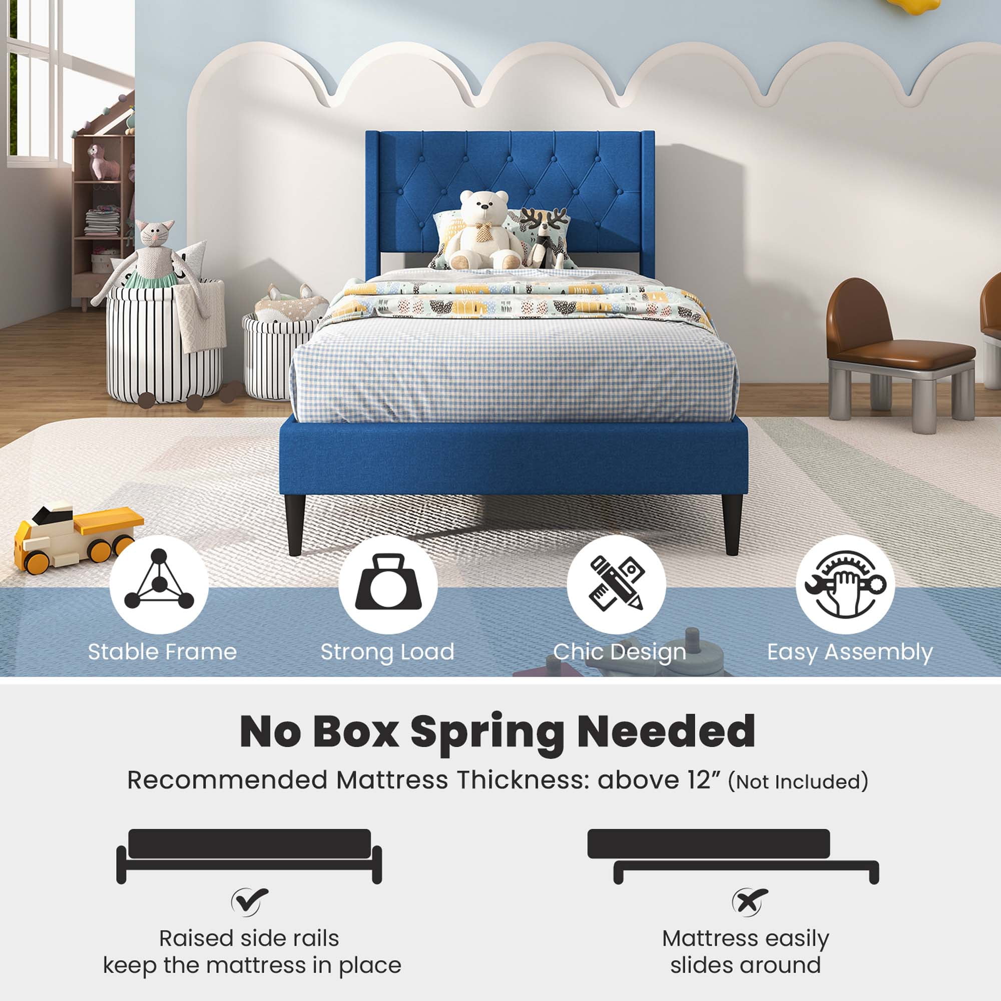 Costway Twin Size Upholstered Platform Bed with Button Tufted Wingback Headboard Blue - Image 10