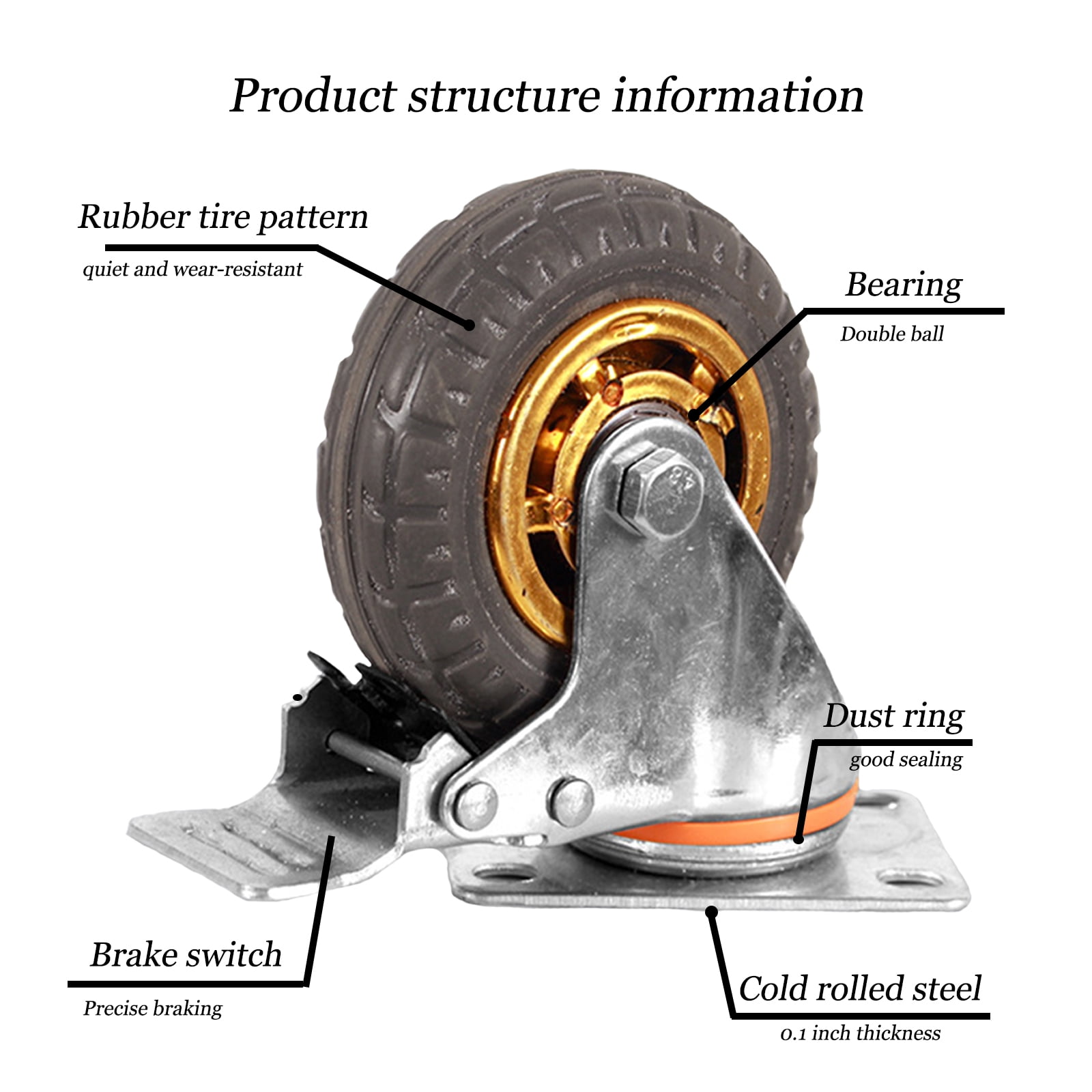 Ycvsad 3 inch Caster Wheels Heavy Duty casters Set of 4,Rubber Swivel Caster Quiet Anti-Skid with Brake 360 Degree Double Ball Bearing Castors(2PCS Fixed Caster Wheels 2PCS Swivel Casters with Brake) - Image 3
