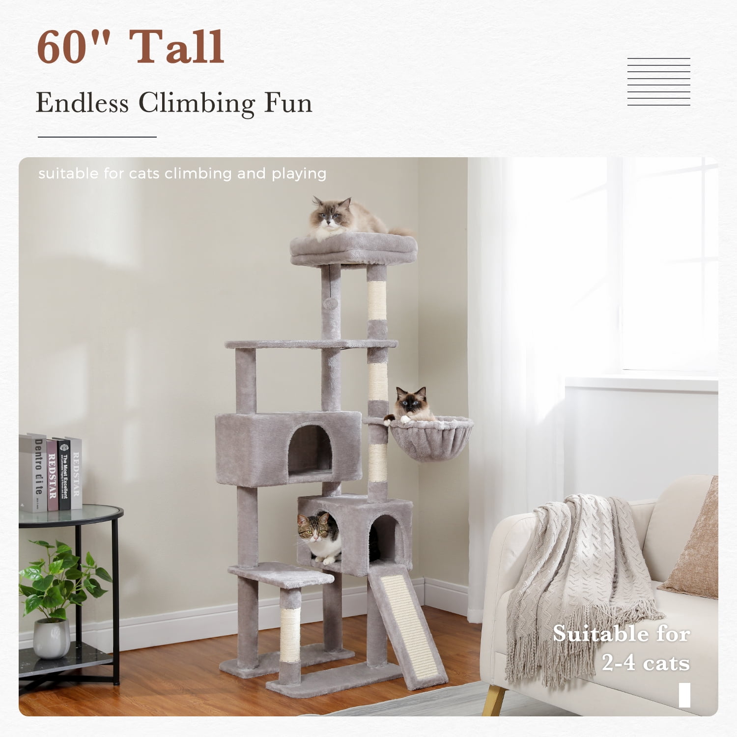 PEQULTI 61" Modern Cat Tree Large Cat Tower with Ladder and Dual Condos Indoor Light Gray - Image 5
