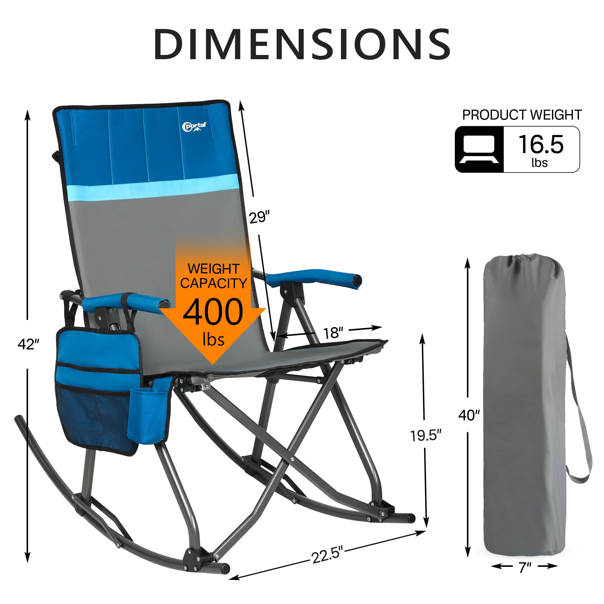 PORTAL Folding Rocking Camping Chair, Portable Oversized Outdoor Rocker with High Back Hard Armrests, Supports 300 lbs, Blue - Image 4