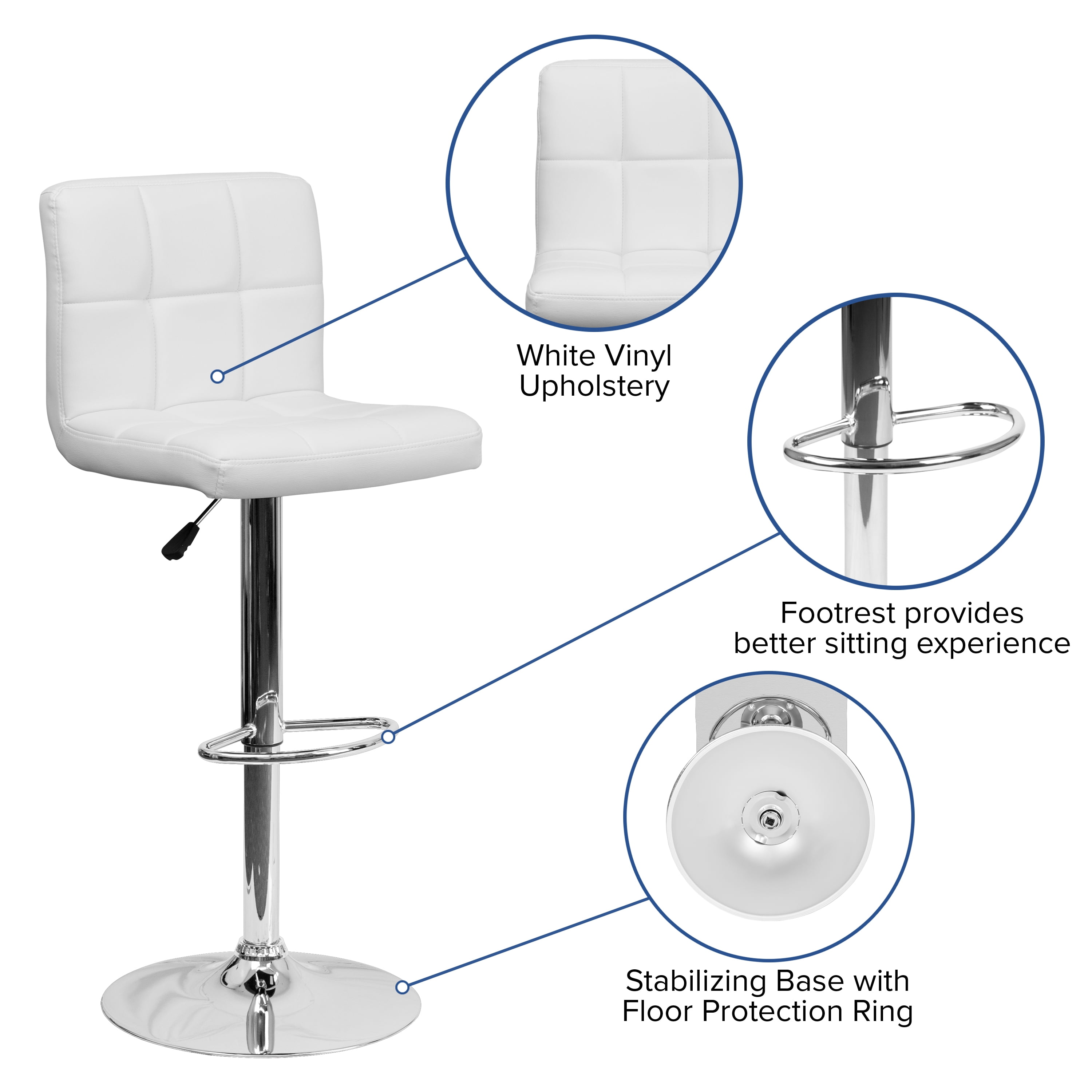Flash Furniture Kathleen Contemporary White Quilted Vinyl Adjustable Height Barstool with Chrome Base - Image 7